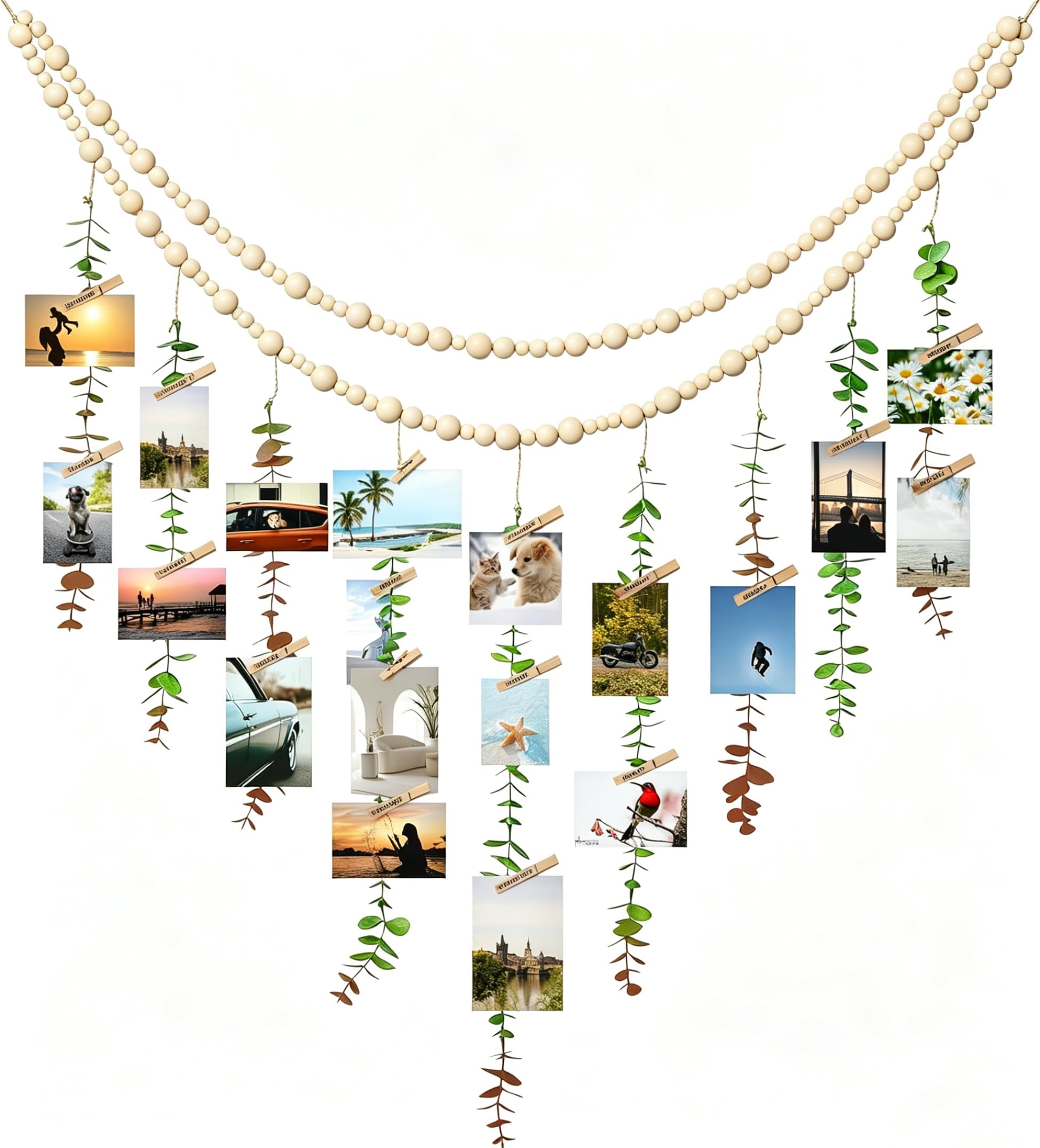Decoración de pared bohemia con fotos y eucalipto artificial para colgar en casa