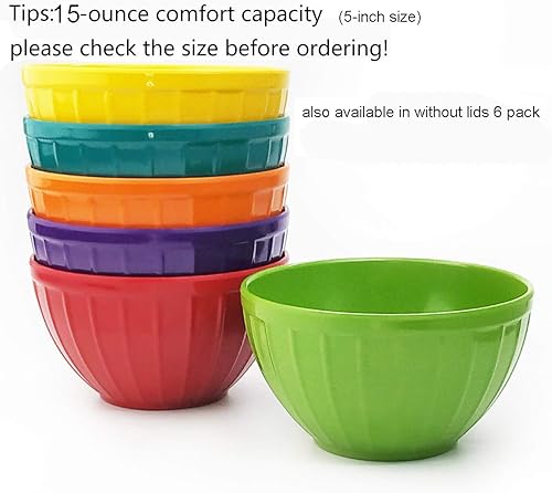 Miniatura 6 de KX-WARE Juego de cuencos de melamina estriados con tapas, 6 cuencos de 15 onzas, 6 cuencos de melamina 100% resistentes a la rotura y tapas de