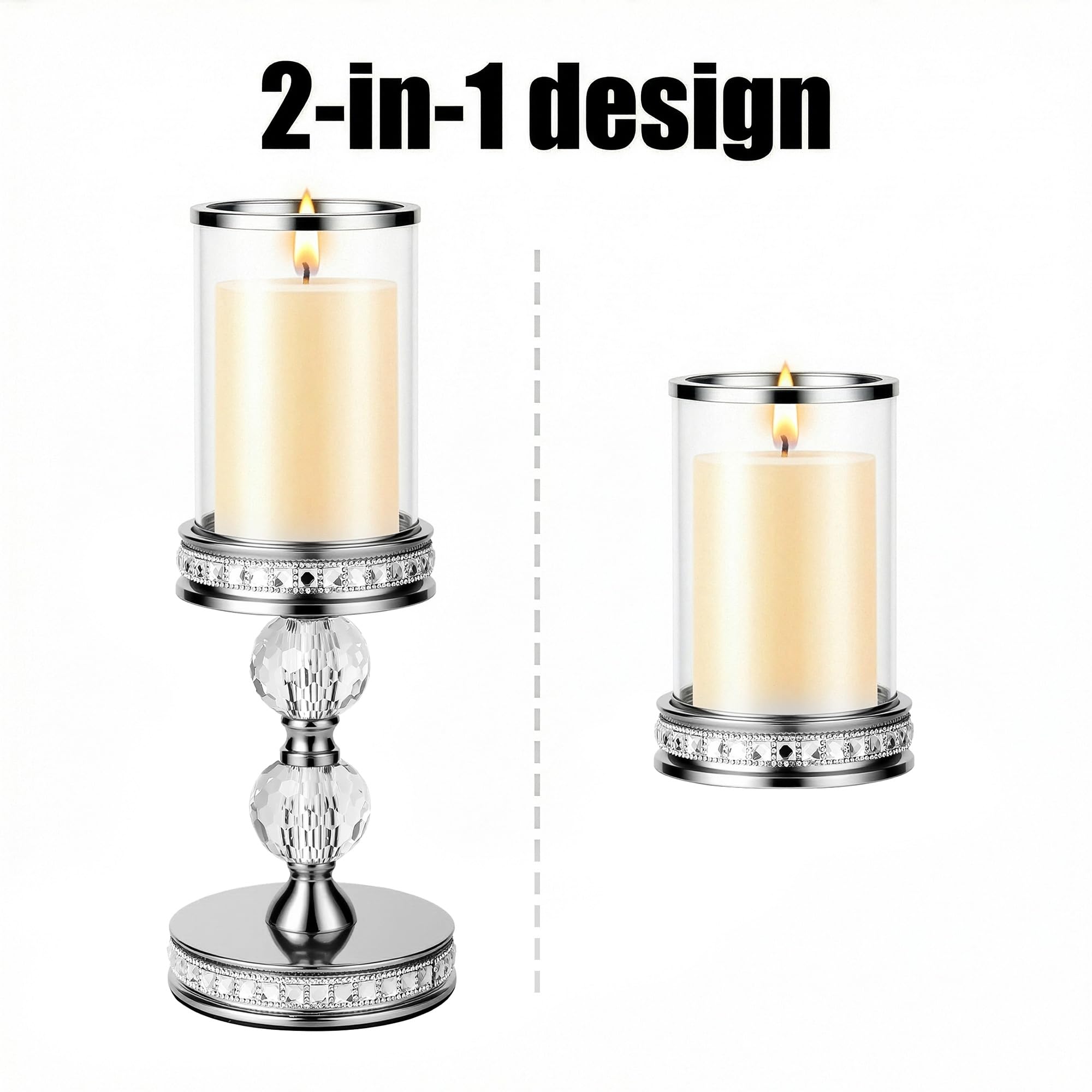 Hurricane Kerzenhalter, Stumpenkerzenhalter mit Glashülse mit Geschenk-Box, Kristall-Kerzenständer für Hauseinweihung, Hochzeit, Esszimmer-Dekoration, Tischdekoration (2, Silber, S)