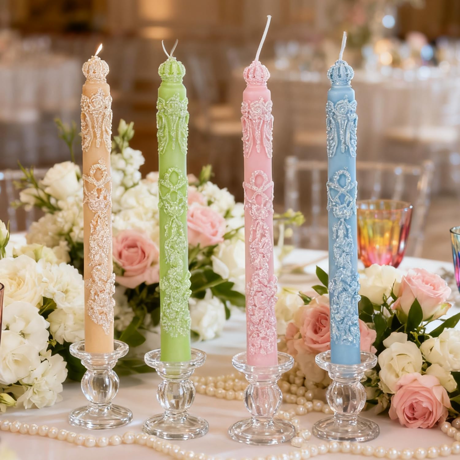 Sungmor Handcrafted Decorative Taper Candles – 9 Inch Floral Embossed Set of 4, Elegant Wedding & Home Décor Candles, Multicolor and Premium Scented for Gift, Romantic Dinner