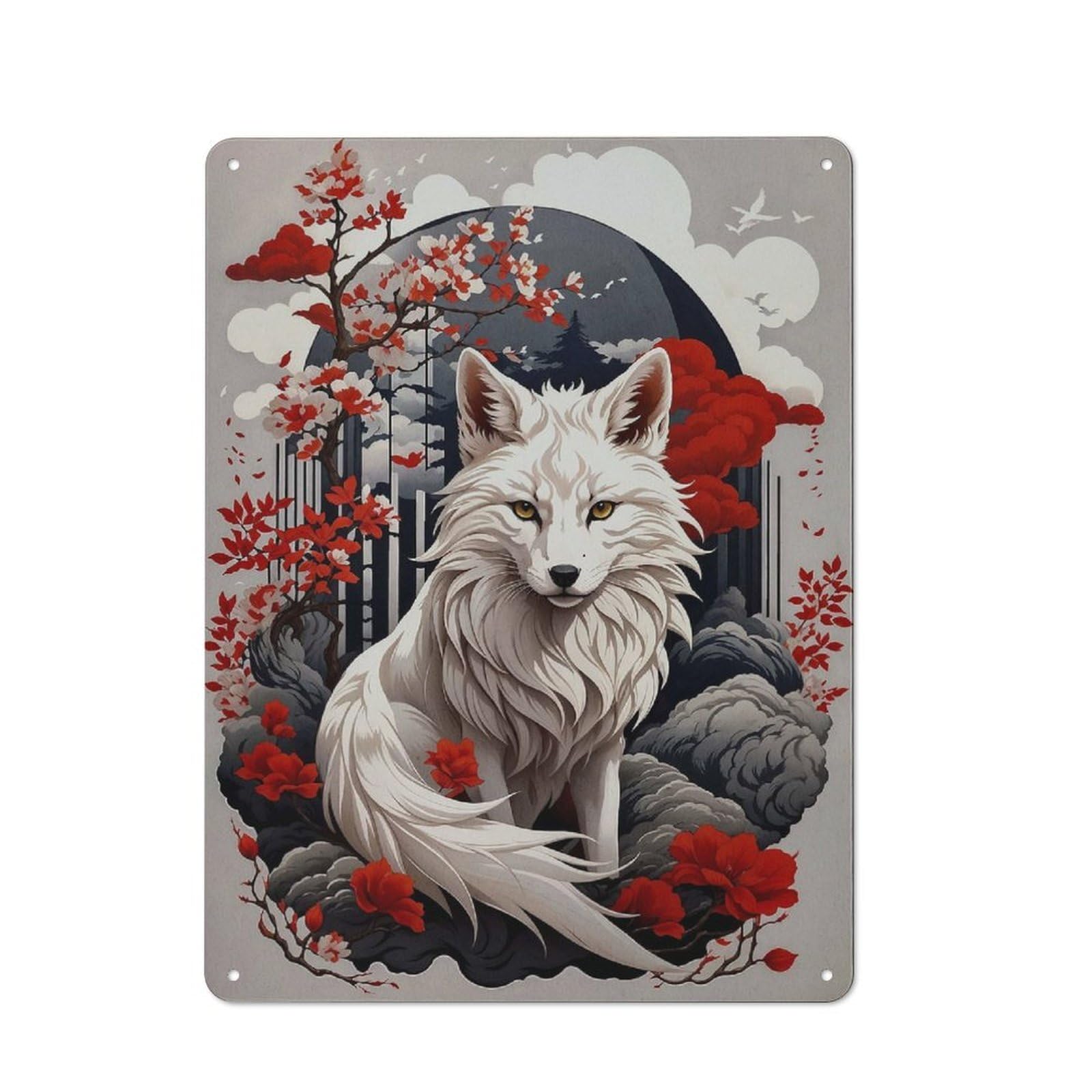 Shed Metal Sign with Cherry Blossom Wolf Design 40x30cm, Vintage Porch Wall Decor for Patio Bar, Workshop, Shed Or Kitchen