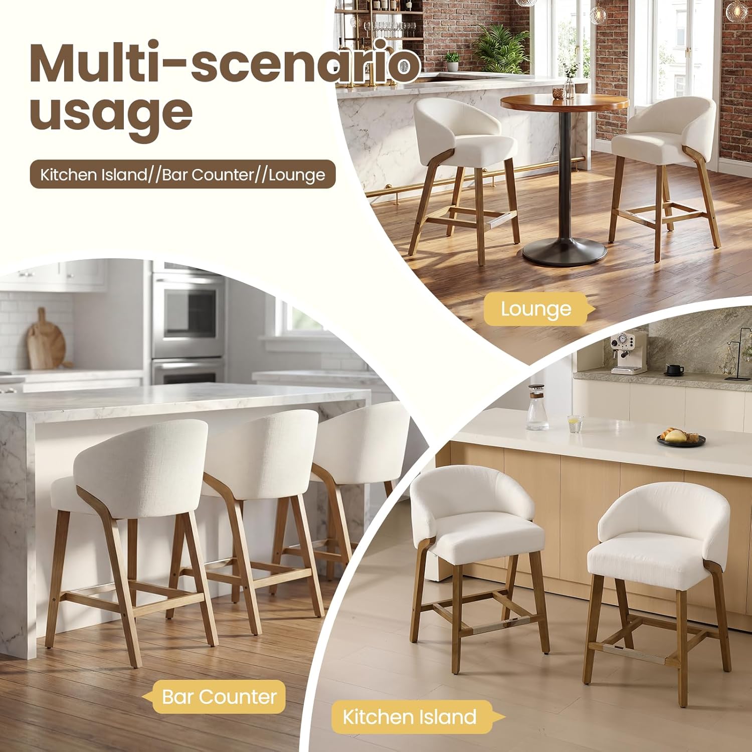 DUOMAY Modern Bar Stools Set of 2, 26" Counter Height Bar Stool with Footrest, Rubberwood Barstools with Linen Upholstered Seat Armless Counter Stools for Kitchen Island Home Bar Dining Room, White