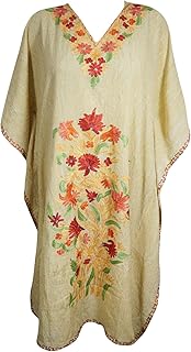 Mogul Interior Women's Beachwear Kaftan Beige Embroidered Swimsuit Cover Up Kimono Dress OneSize