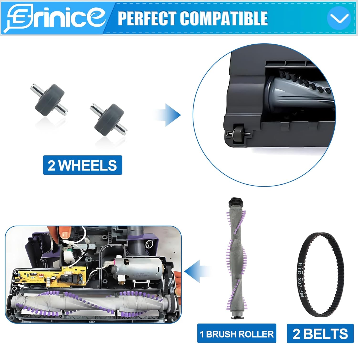 Image showing the replacement process, including the new wheels, the internal view of the vacuum with the old brush roller, and the new brush roller and belts ready for installation.