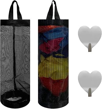 2 Pcs Plastic Bag Holder Trash Bags Storage Dispenser Organizer for Home Kitchen Mesh Hanging Storage Dispensers Recycling Garbage Folding Hanging Storage Bag Grocery Bags Holder with 2 Hooks Black
