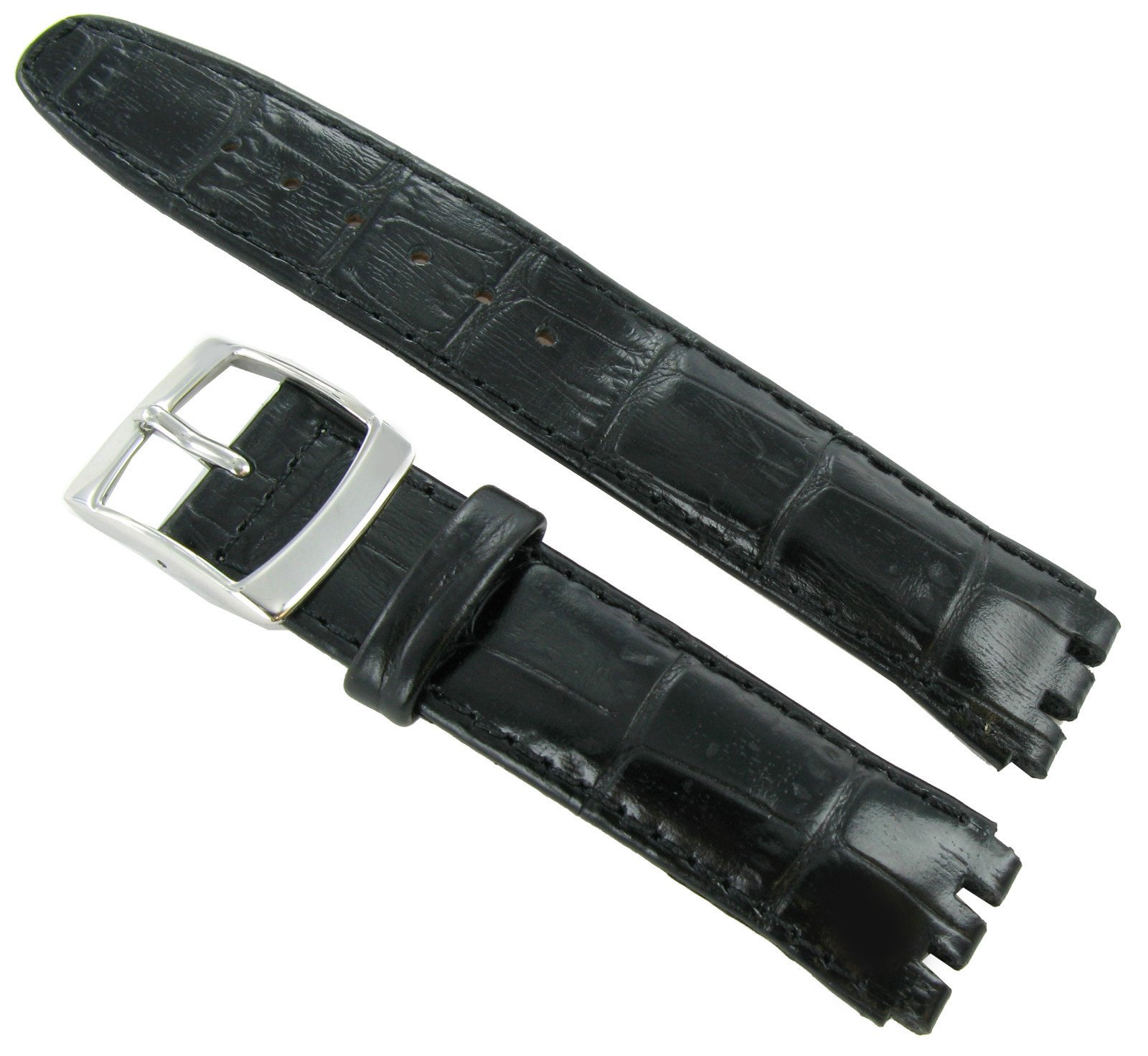 17mm Genuine Leather Alligator Grain Padded Black Watch Band Fits Swatch