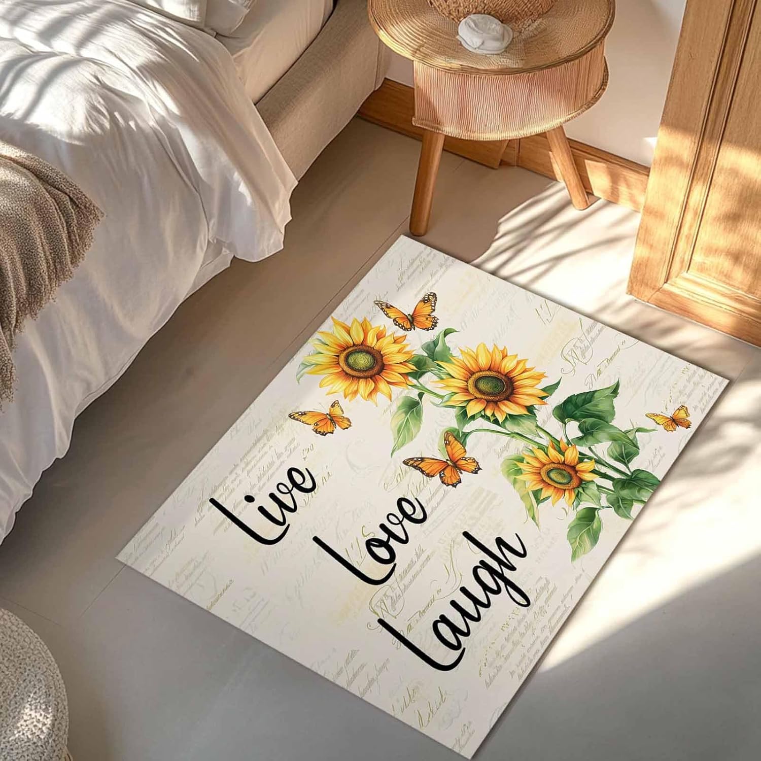 Live Love Laugh Door Mat Indoor Entrance 31.5"x20", Sunflower Butterfly Rustic Watercolor Floral Non Slip Front Door Mats Washable Low-Profile Absorbent Doormat for Inside Floor Entryway Laundry