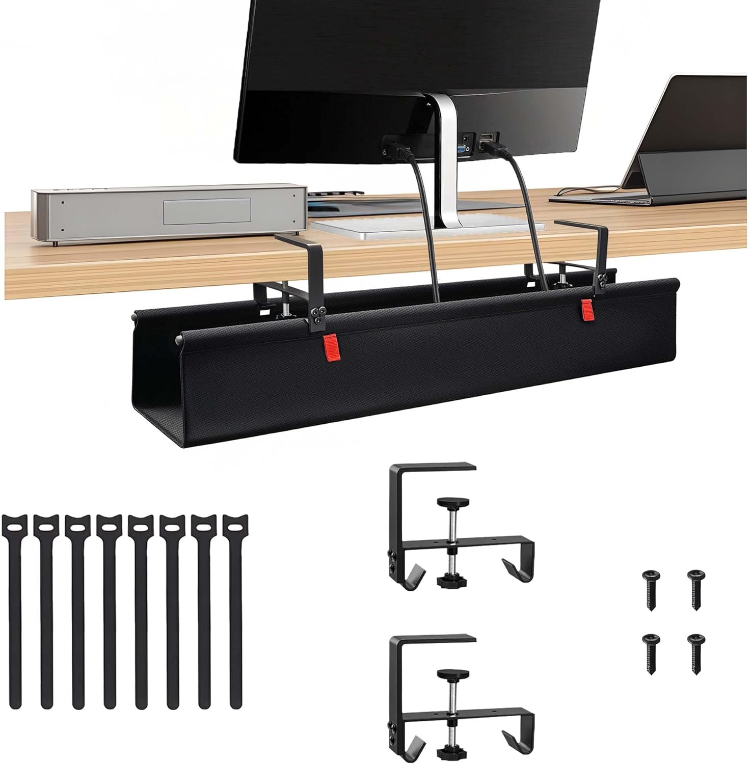 No Drill Cable Management Under Desk, 36" Cord Organizer for Table, Clamp/Screw Mount Cable Tray, Premium Black Fabric Desk Cord Management Tray for Office, Home (Large (36 Inch))