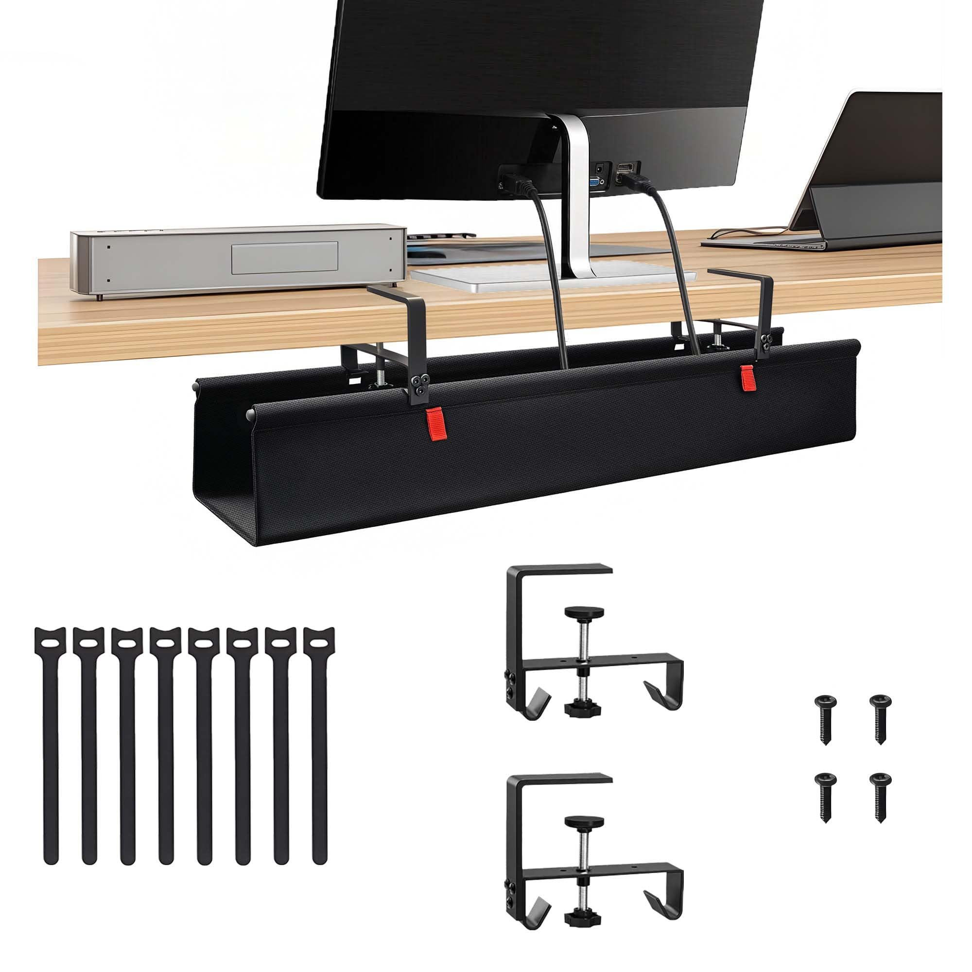 No Drill Cable Management Under Desk, 36" Cord Organizer for Table, Clamp/Screw Mount Cable Tray, Premium Black Fabric Desk Cord Management Tray for Office, Home (Large (36 Inch))