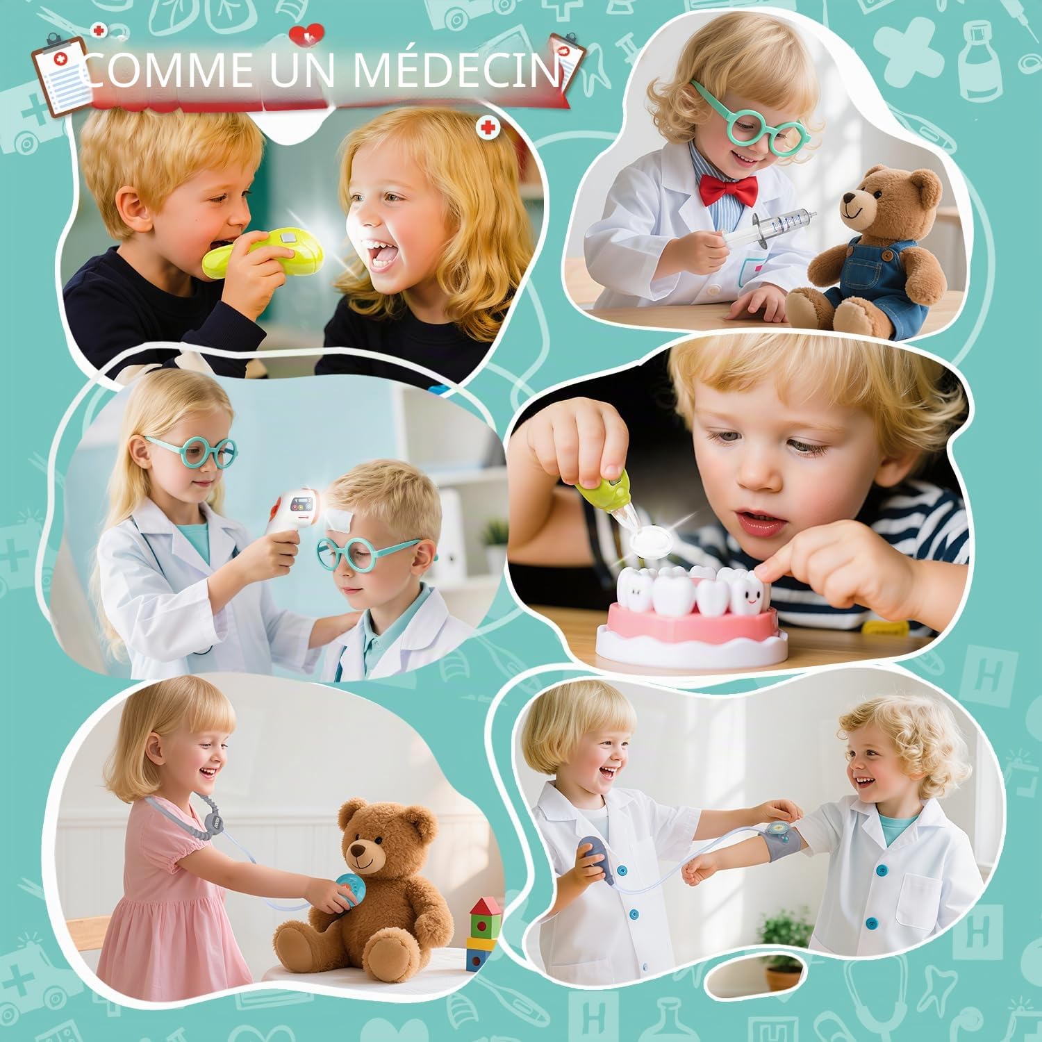 Mallette Docteur Enfant 32 Pièces Kit Médical Jouet avec Stéthoscope, Thermomètre, Seringue, Chariot