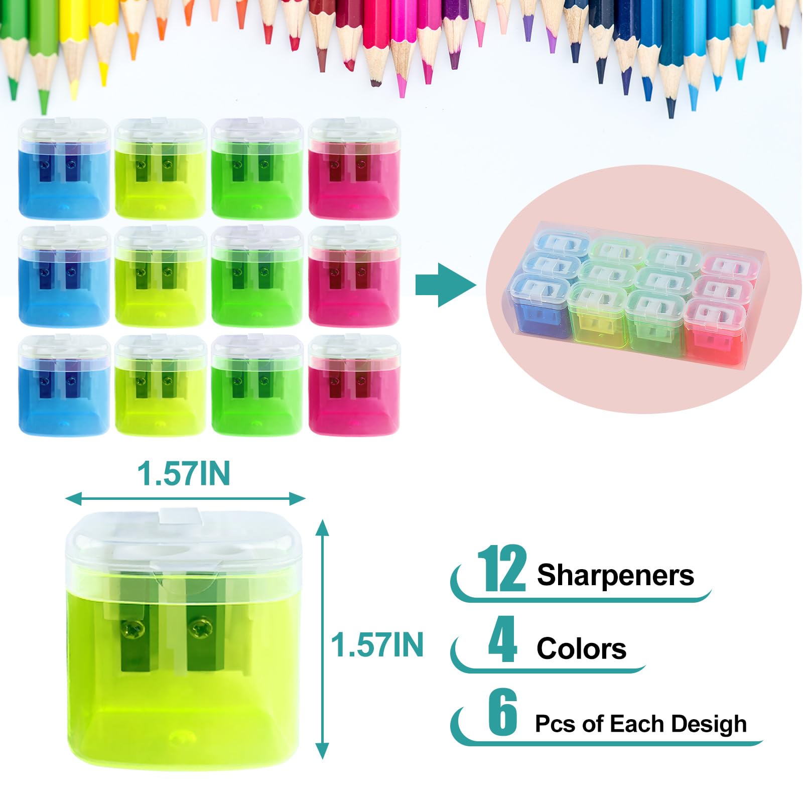 Temperino con Serbatoio 12 Pezzi Doppi Fori Temperamatite con Contenitore Coperchio per Matite Studenti Scuola (4 Colori)