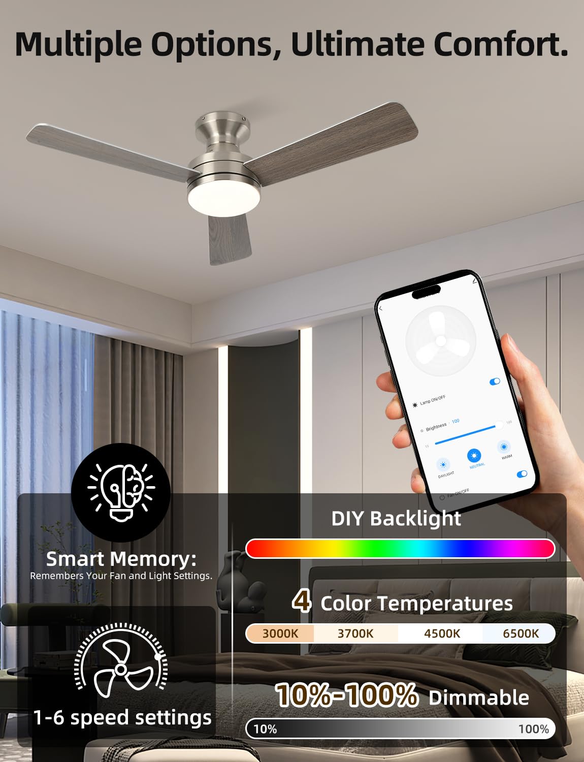42 RGB Ceiling Fan with Light Music Sync Smart Fan with Alexa Google App Control Low Profile Flush — view 3