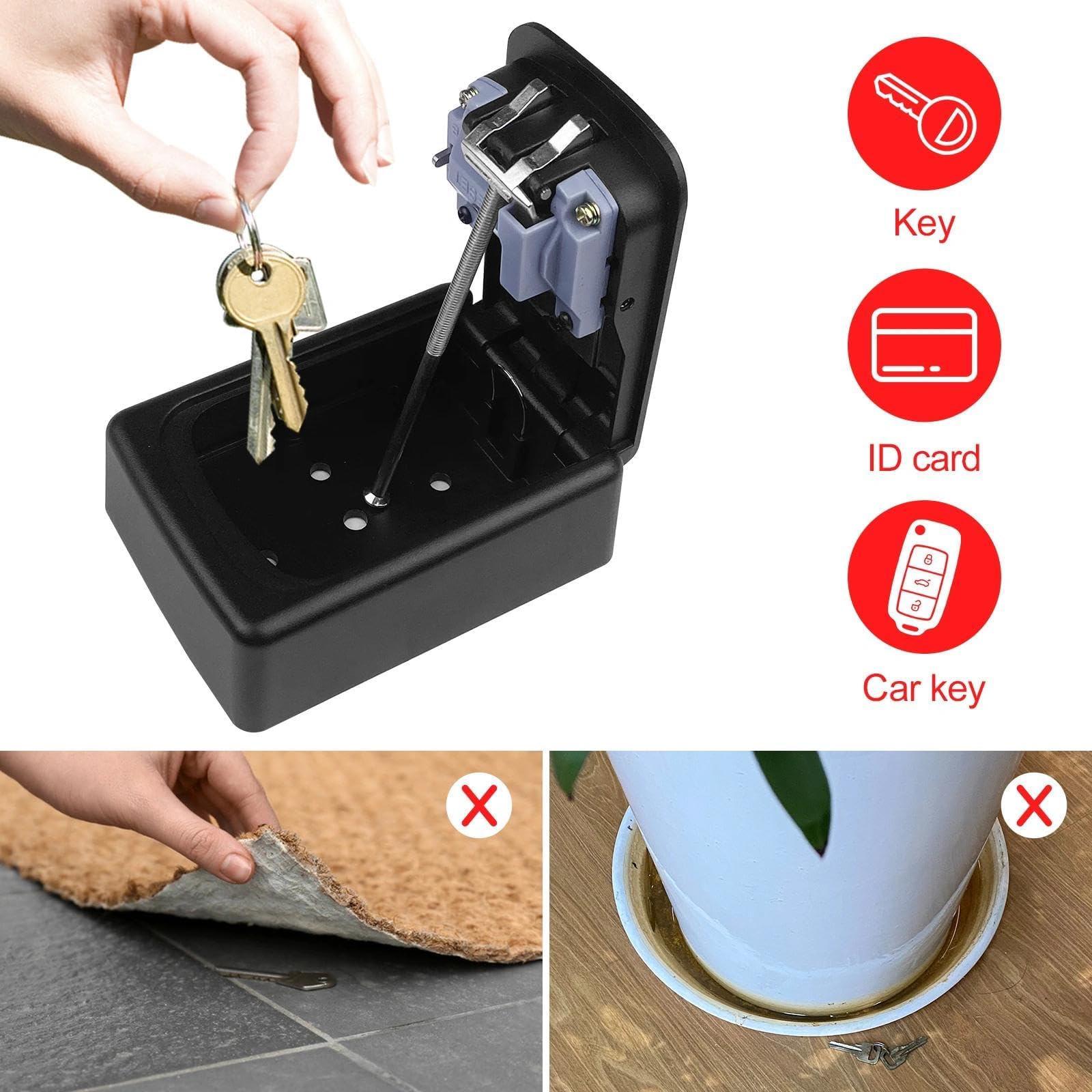 Comzantor cassetta di sicurezza con codice a 4 cifre, cassetta portachiavi impermeabile e antiruggine, cassaforte per chiavi con combinazione parete per casa, garage, scuola, ufficio, palestra (nero) - 4