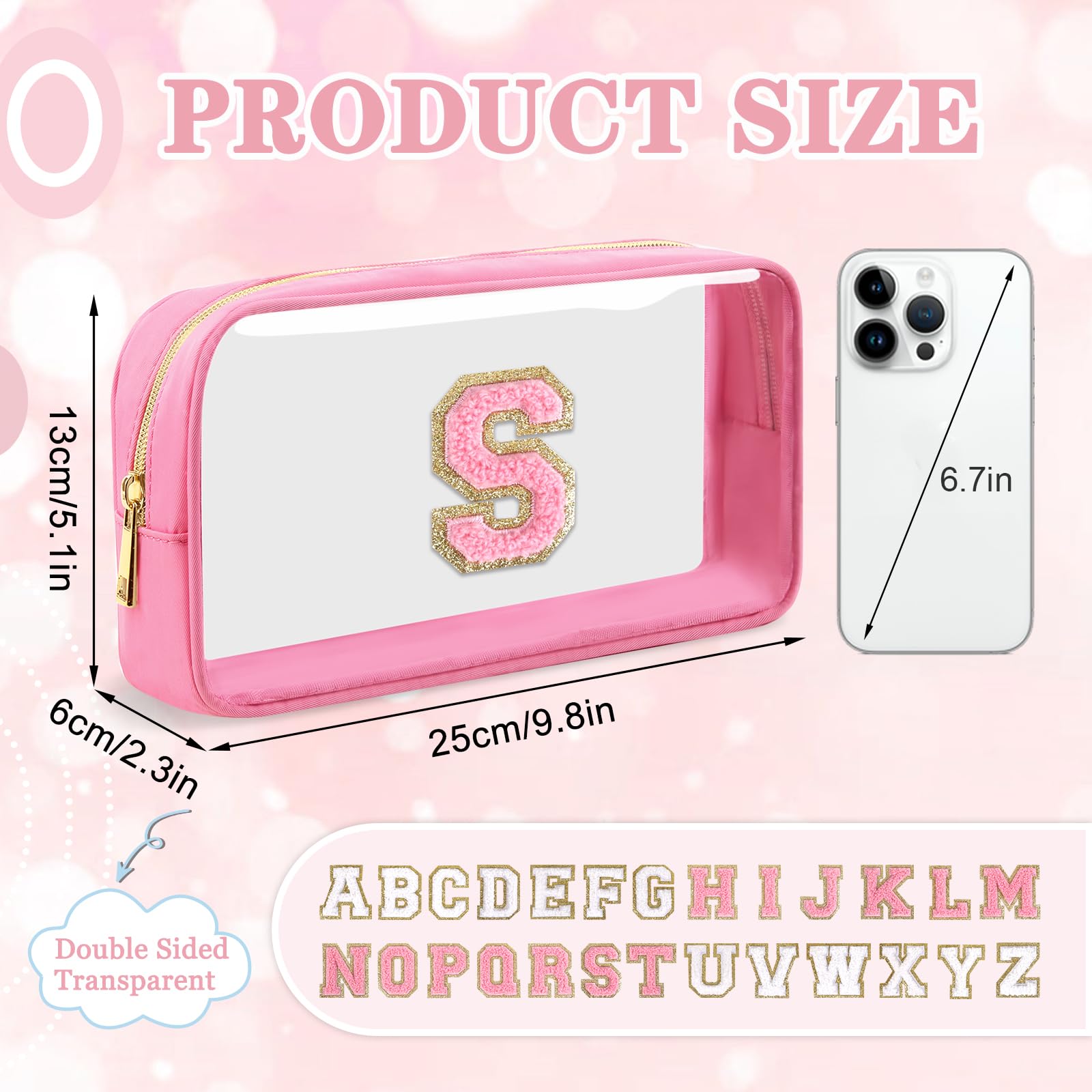 Small Clear Personalized Initial Makeup Bag,Nylon Preppy A-Z Chenille Letter Patch Cosmetic Pouch Beach Toiletry Bag,Waterproof Zipper Travel Purse Storage Bag Organizer for Women Girls(Pink-Pink S)