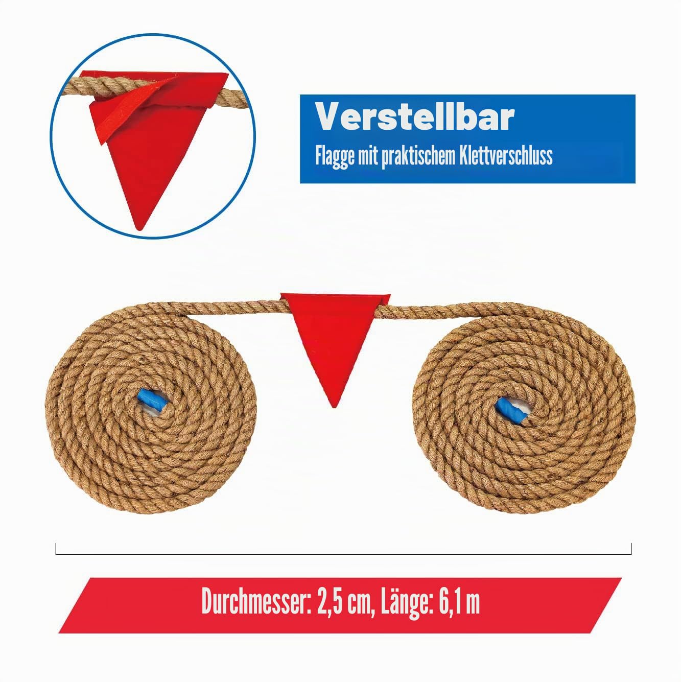 Tauziehseil mit Flagge für Kinder und Erwachsene, weiche natürliche Jutefaser-Seil für Feldtag, Teambau, Party, Spiel, Camping, Hinterhof, Outdoor-Spiele, 6 m lang, Braun