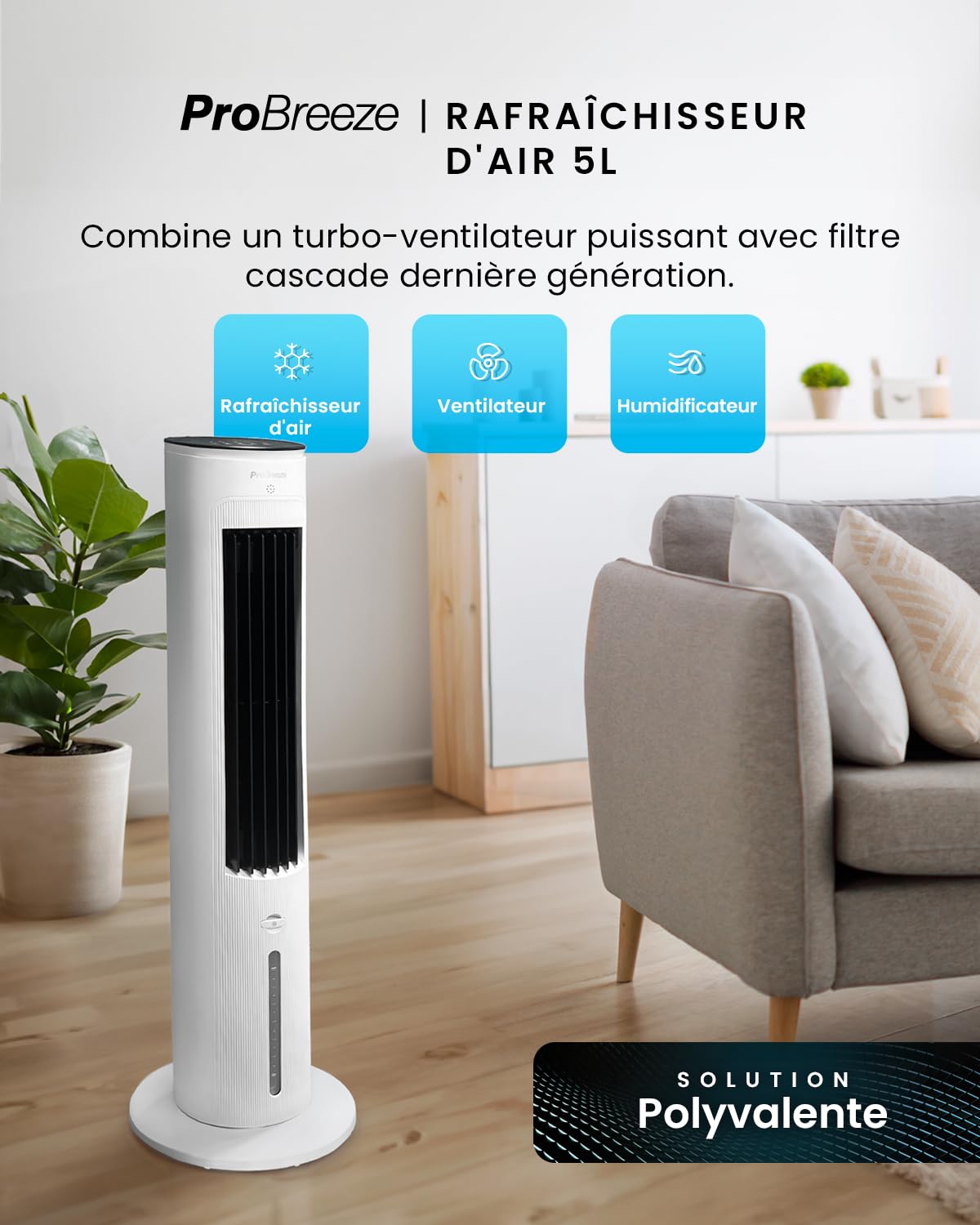 Pro Breeze OmniAir Rafraichisseur d’Air 5L 3en1, 3 Vitesses, 4 Modes, Oscillant, Minuterie 7h, Climatiseur Mobile Sans Évacuation, Silencieux, Sans Conduit, Ventilateur Refroidisseur d'Air