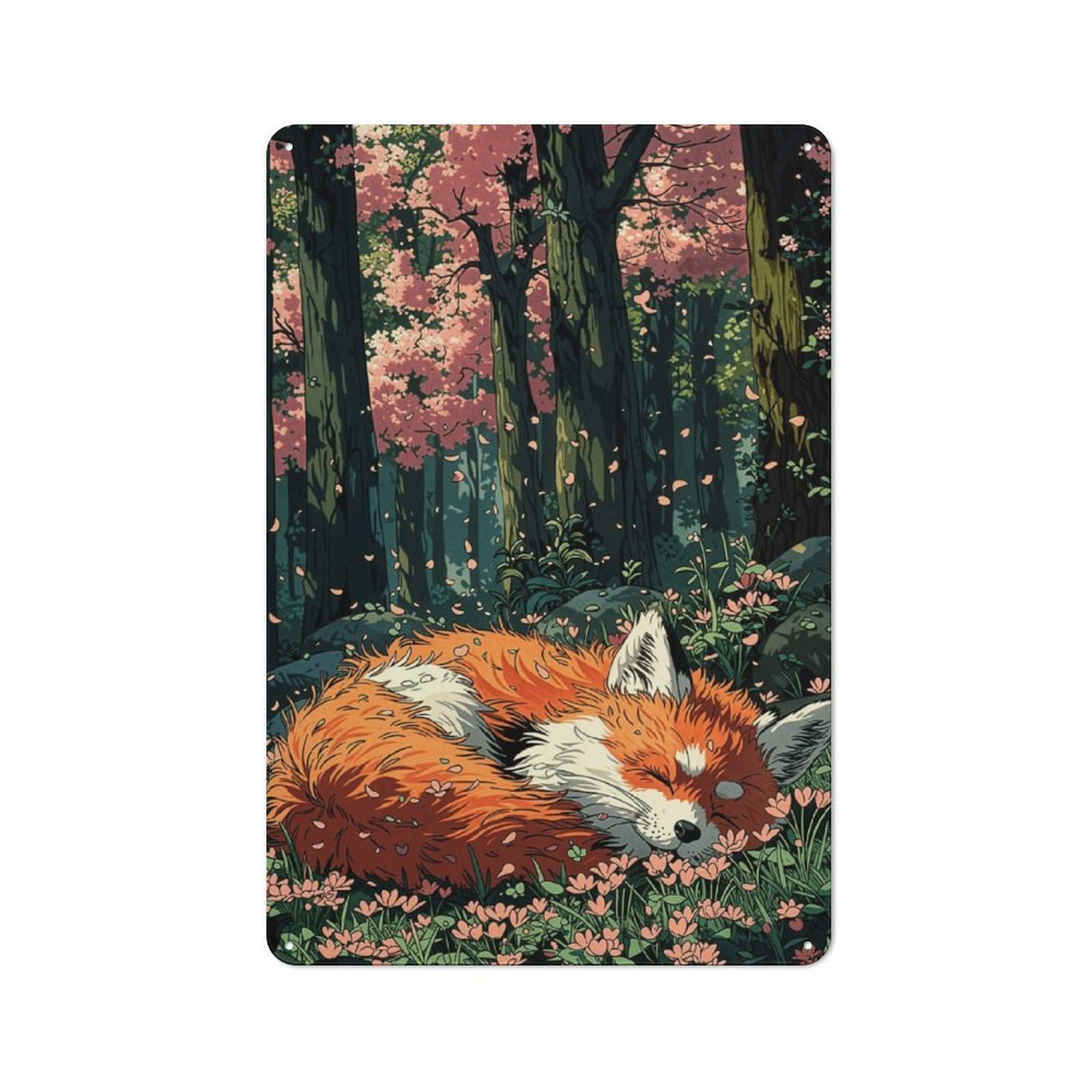 Junmoney Sleeping Fox In Cherry Blossom Forest Shop Front Style Cafe Metal Sign 30X20cm, Bistro Wall Plaque For Tea Room, Shop Wall Or Breakfast Area