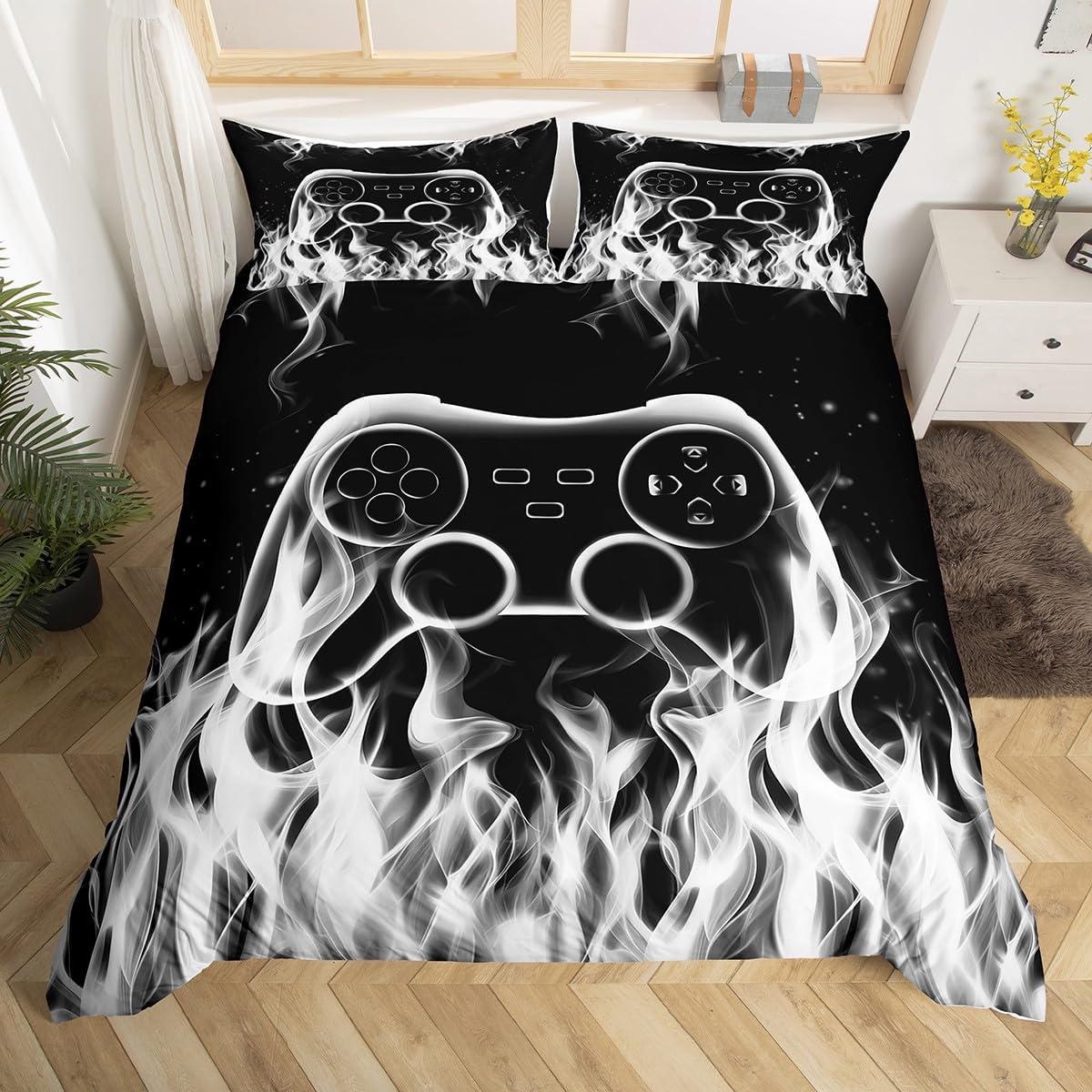 Castle Fairy Gaming Flame Duvet Cover Set Toddler Size,Video Games Bedding Sets 2Pcs for Kids Girls Boys Adult Room Decor,Cool Burning Flames Comforter Cover Modern Black Quilt Cover,1 Pillowcase image 3