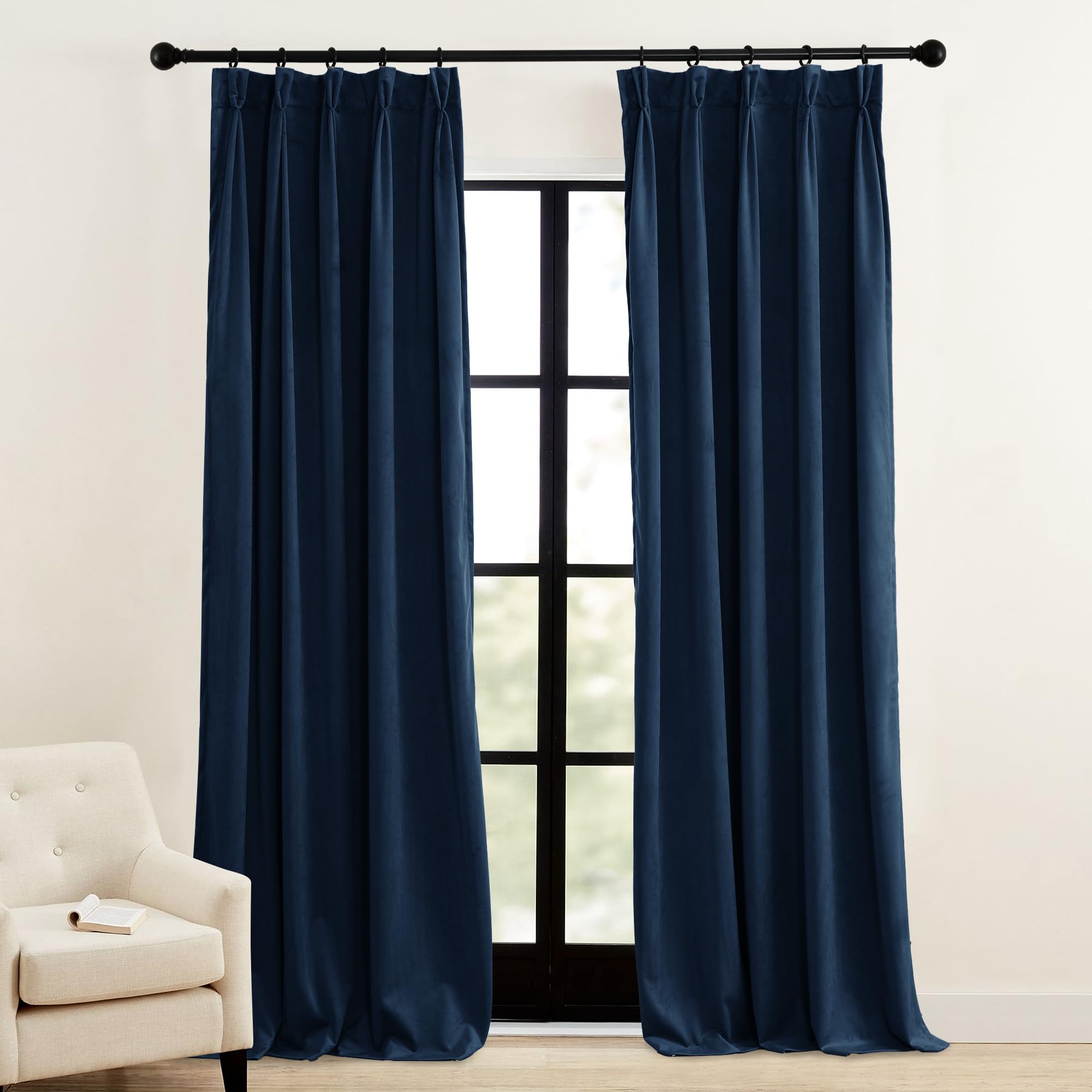 RYB HOME Navy Blue Pinch Pleated Curtains, Floor to Ceiling Blackout Thermal Insulated Noise Reducing Drapes for Living Room Home Office, W38 x L96 inches, 2 Panels