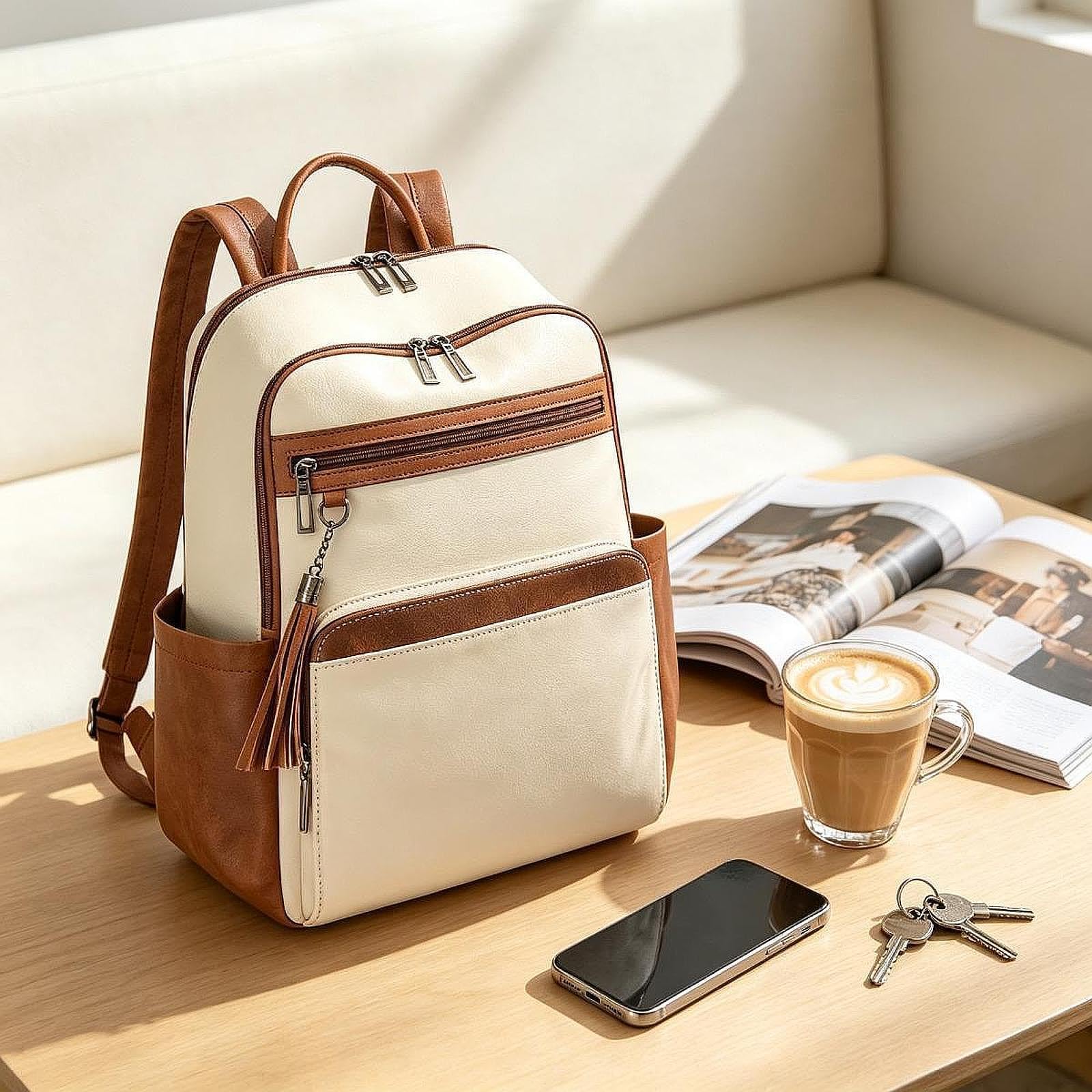 Zaino da Viaggio, Borsa per Il Weekend, Zaino per Viaggiare, per Pendolarismo, per Spostamenti Quotidiani, Bianco Marrone