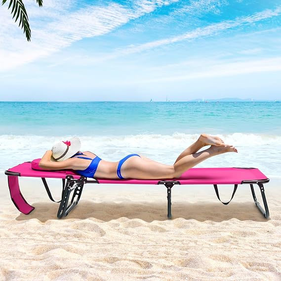 MEDIMALL Chaise Folding Chair Adjustable Beach Patio Lounge Recliner (Pink)