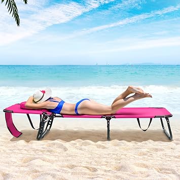 MEDIMALL Chaise Folding Chair Adjustable Beach Patio Lounge Recliner (Pink)