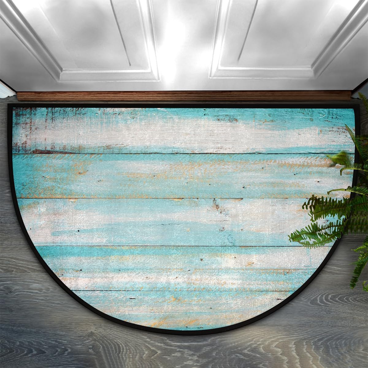 Half Round Door Mat Wood Modern Teal Half Moon Rug Washable Half Circle Area Rugs Indoor Entrance Non Slip Semi Circle Bathroom Rugs Floor Carpet for Kithen Bedroom Fireplace Decor