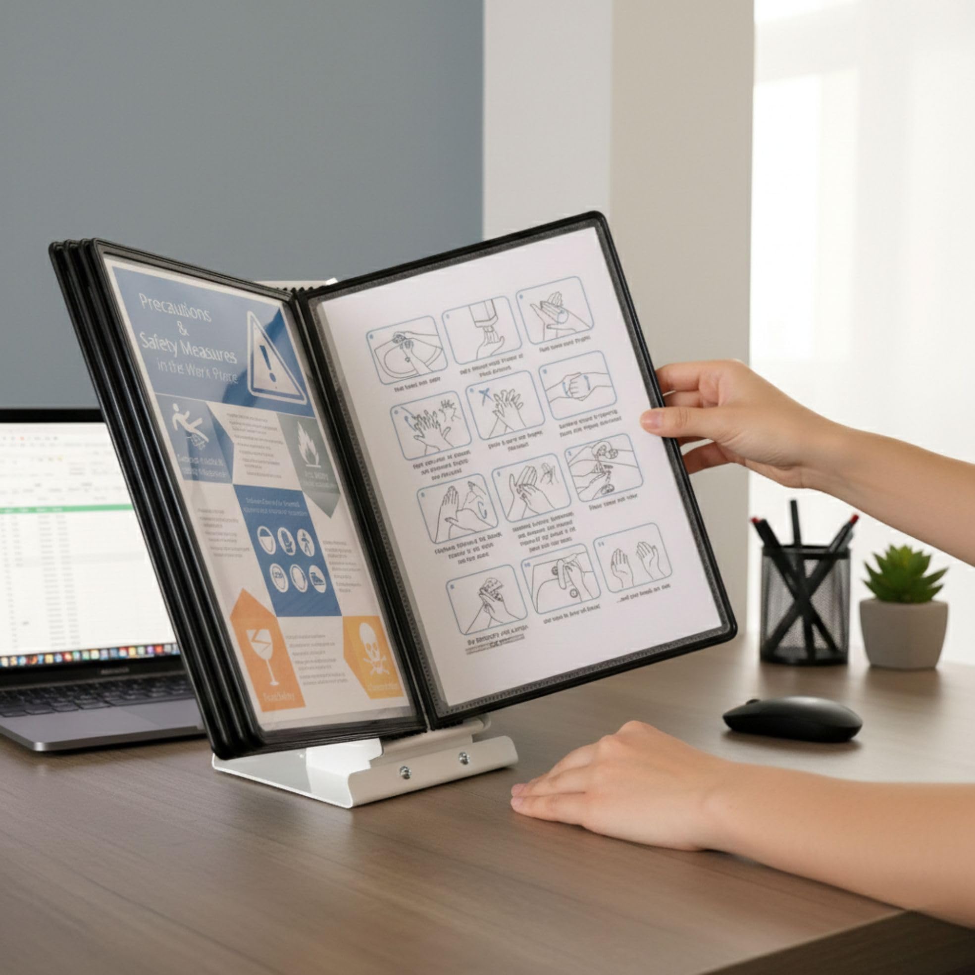 LEVIATAN Système de Présentation de Table A4 avec 10 Panneaux – Support Métallique Stable – Porte-Documents Rotatif pour Bureau, Atelier, Accueil – Noir