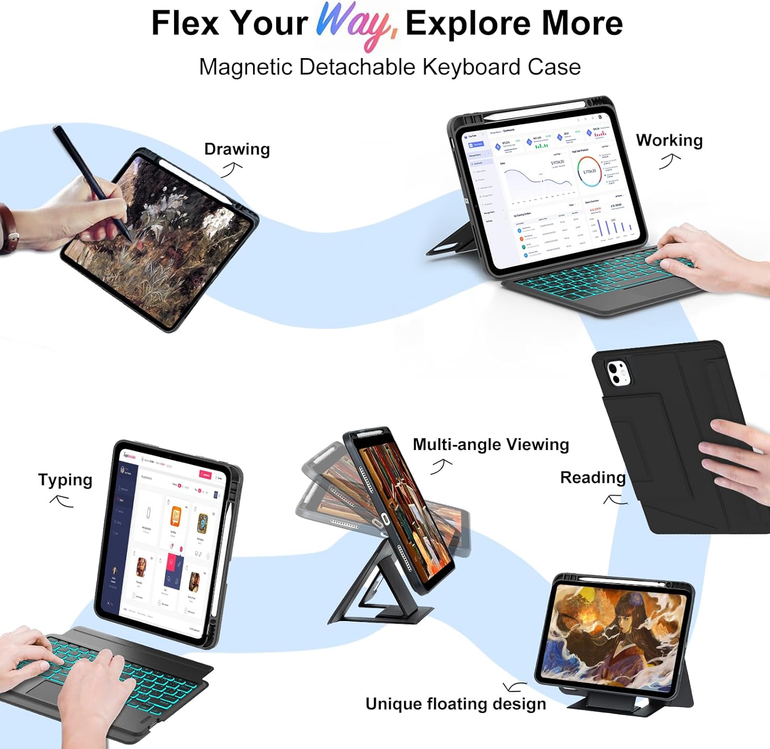 Keyboard Case for iPad Air 13 Inch (M4/M3/M2) & iPad Pro 12.9 inch (3/4/5/6th Gen), Magnetic Detachable Touch Keyboard, 7-Color Backlit, Protective Case with Pencil Holder, Adjustable Stand, Black