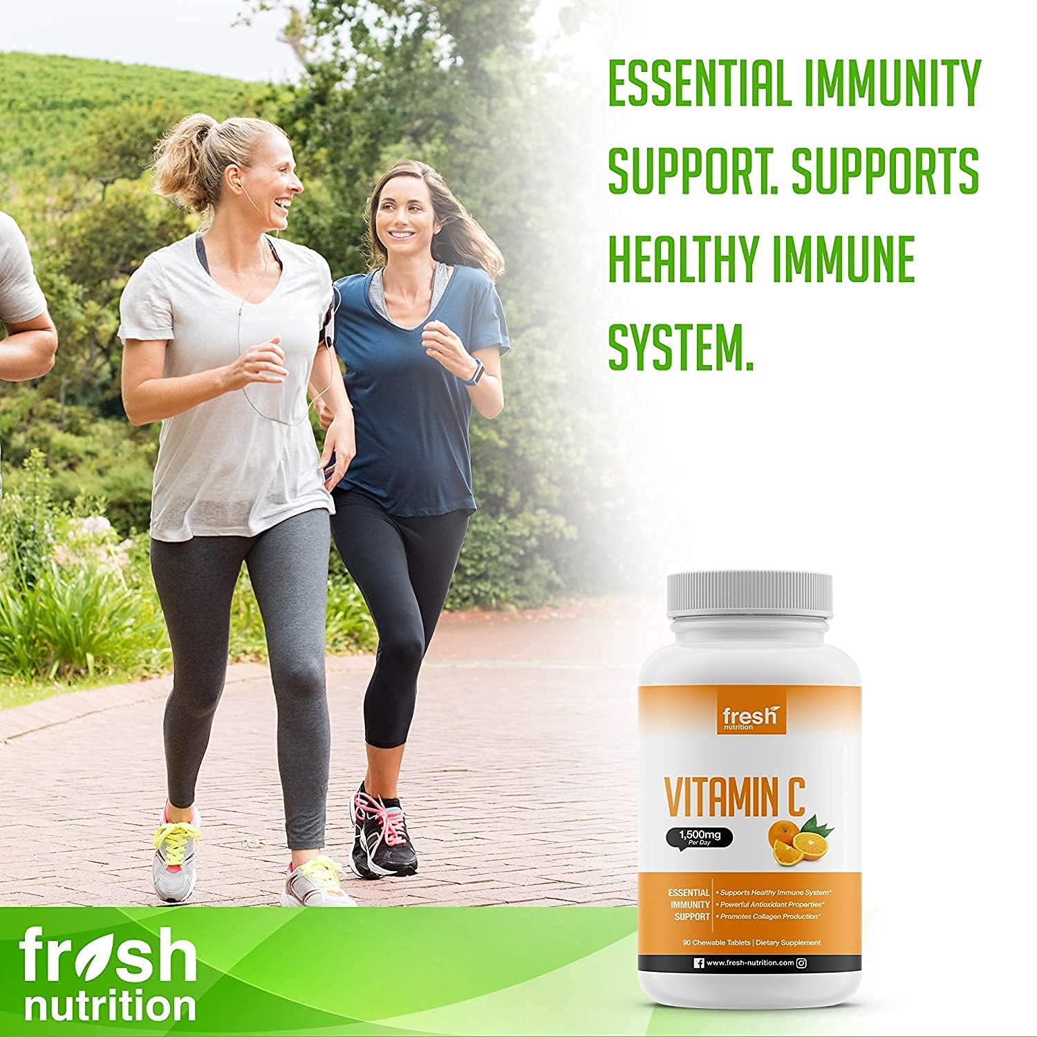 Fresh Nutrition Vitamin C - Powerful 1500mg Per Day Immune Support - Tasty Chewable Vitamin C Supplement All Year-Round Potent Support - Vegan Friendly, Non-GMO, Gluten & Soy Free - All Natural VIT C