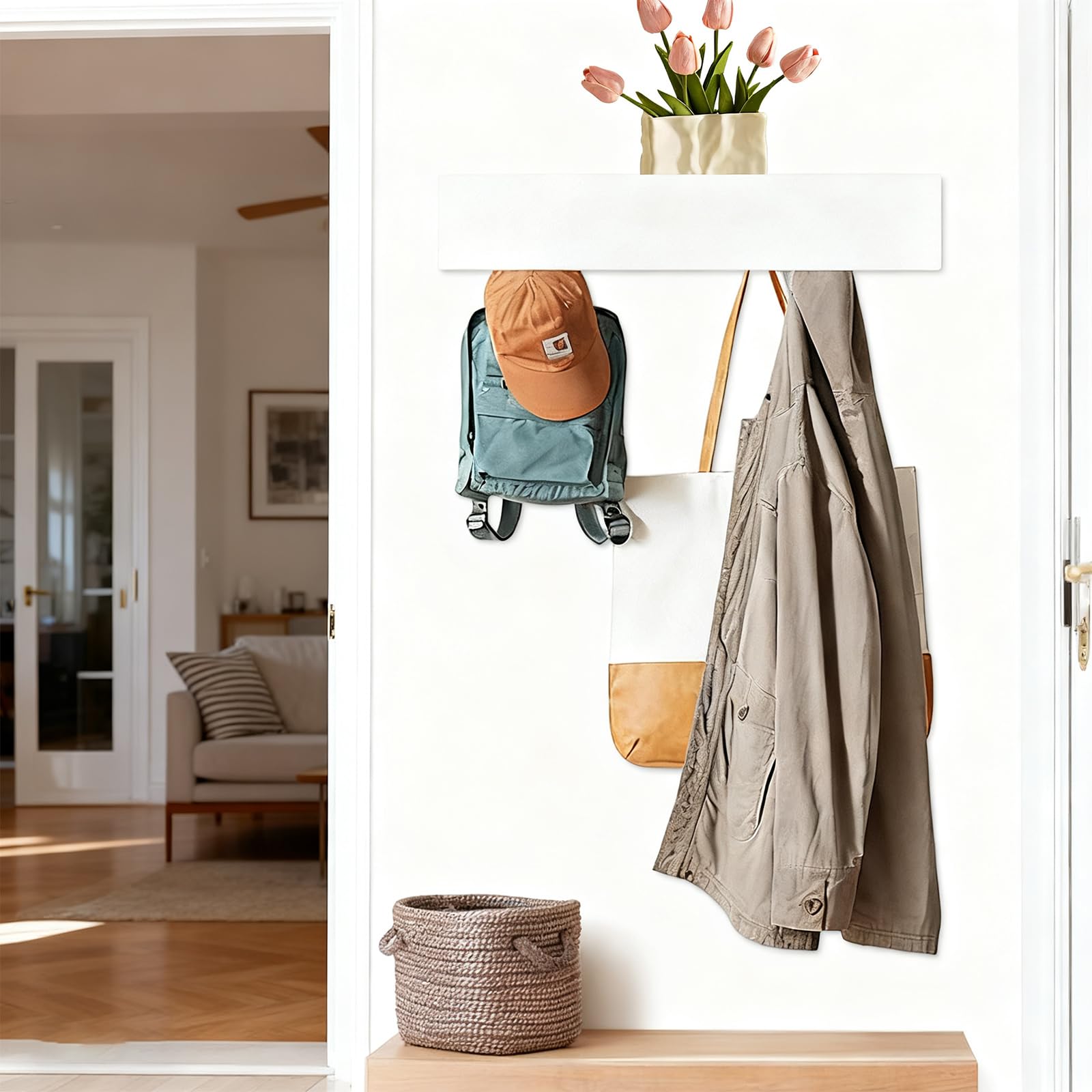 Perchero de Pared con Estante, 43,5 cm, Moderno Colgador de Pared Para Abrigos con 5 Ganchos Ocultos, Perchero Pared Blanco para Entrada, Salón y Dormitorio