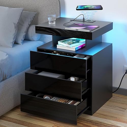 HOMMPA - Mesita de noche LED con estación de carga inalámbrica y puertos USB, mesa de noche moderna, mesita de noche de 3 cajones con compartimento