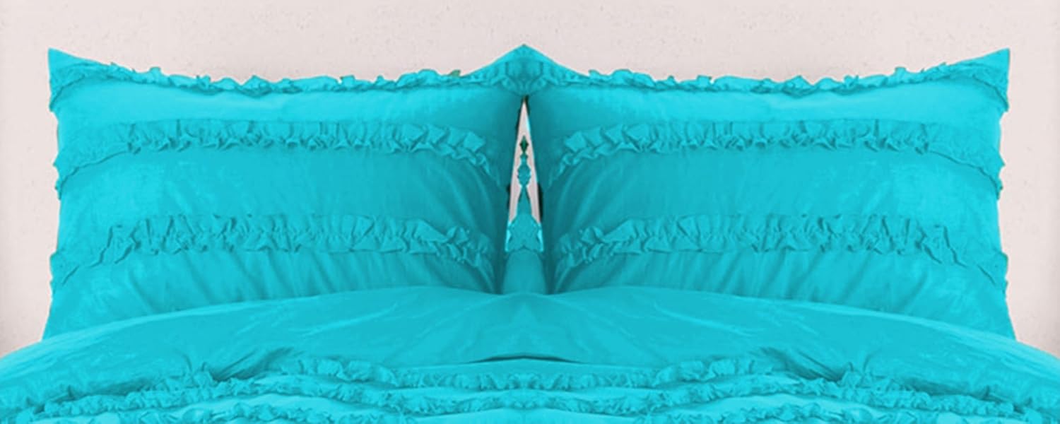 Ultra Soft Solid Horizontal Ruffle Pillow Shams Pair 100% Egyptian Cotton 600 Thread Count (2 Piece Set) Standard Aqua