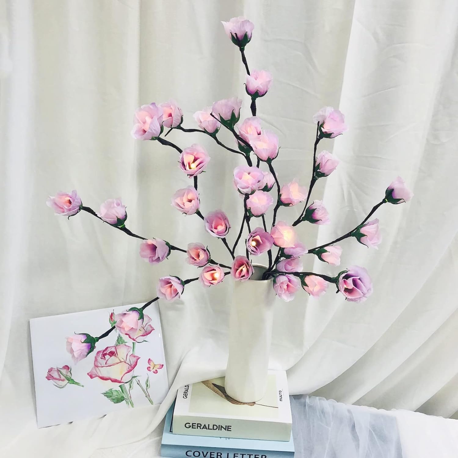 2 Pack LED Rose Flower Fairy Lights Lighted Twig Branch Vase Decorative Artificial Rose Flower Bouquet Battery Powered 30 inches for Home Christmas Party Outdoor Indoor Decor (Purple)