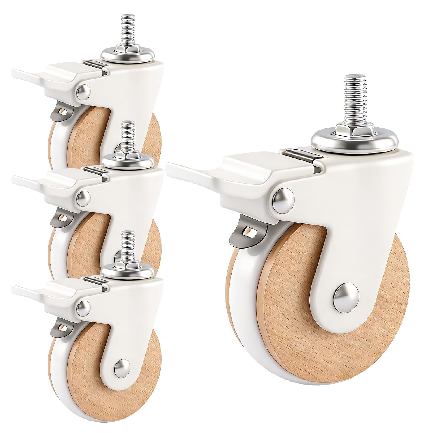 Caster Wheels with Brake– 2.5" PU and Beech Wood Casters M8 x15mm (Screw Diameter 8mm, Screw Length 15mm) for Workbench, Cart, Trolley, Shelf, Cabinet, Furniture Cart Wheels