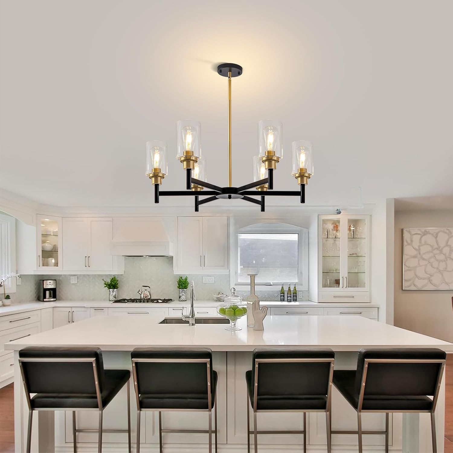 6 Light Dining Room Light Fixture Black & Brushed Brass Gold Farmhouse Chandelier Over Table Modern Hanging Pendant Lighting for Living Room Foyer Kitchen Adjustable Height E26 Socket