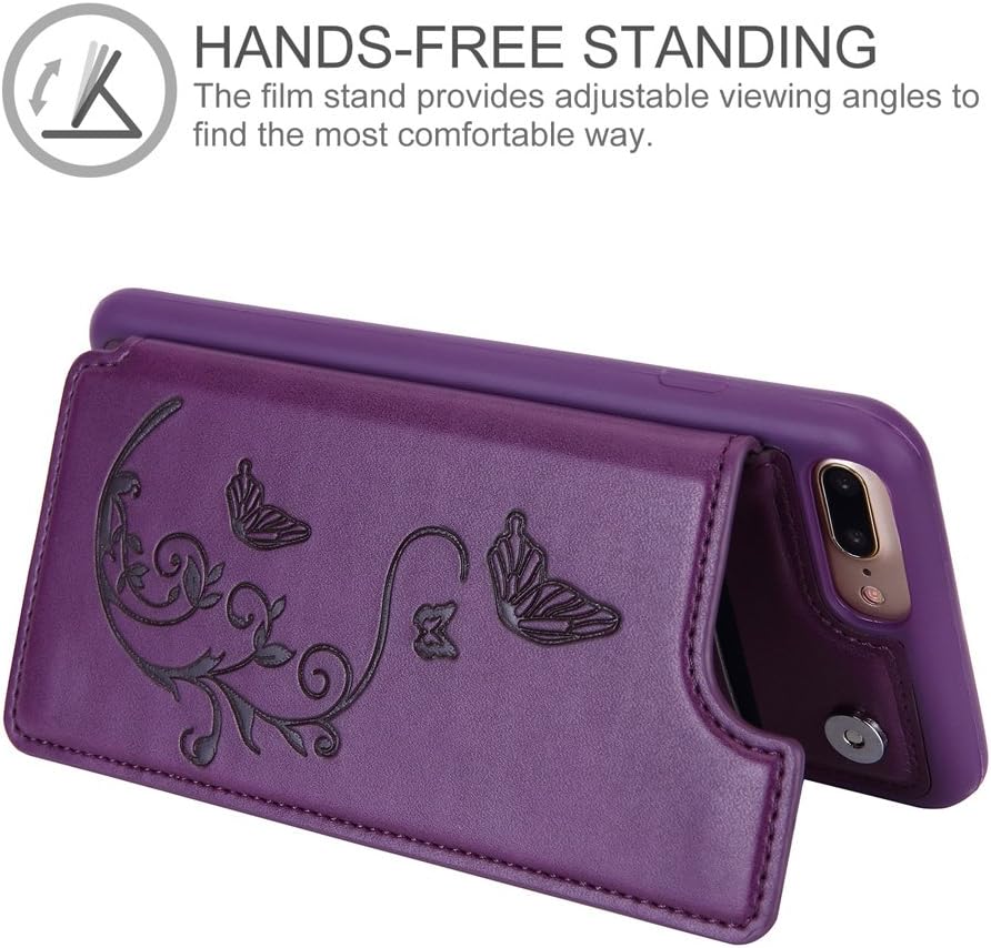 iPhone 8 Plus/iPhone 7 Plus Wallet Leather Case for Women, 3 Card Holder/ID Slots, Butterfly Flower Cover for iPhone 6s Plus - Purple