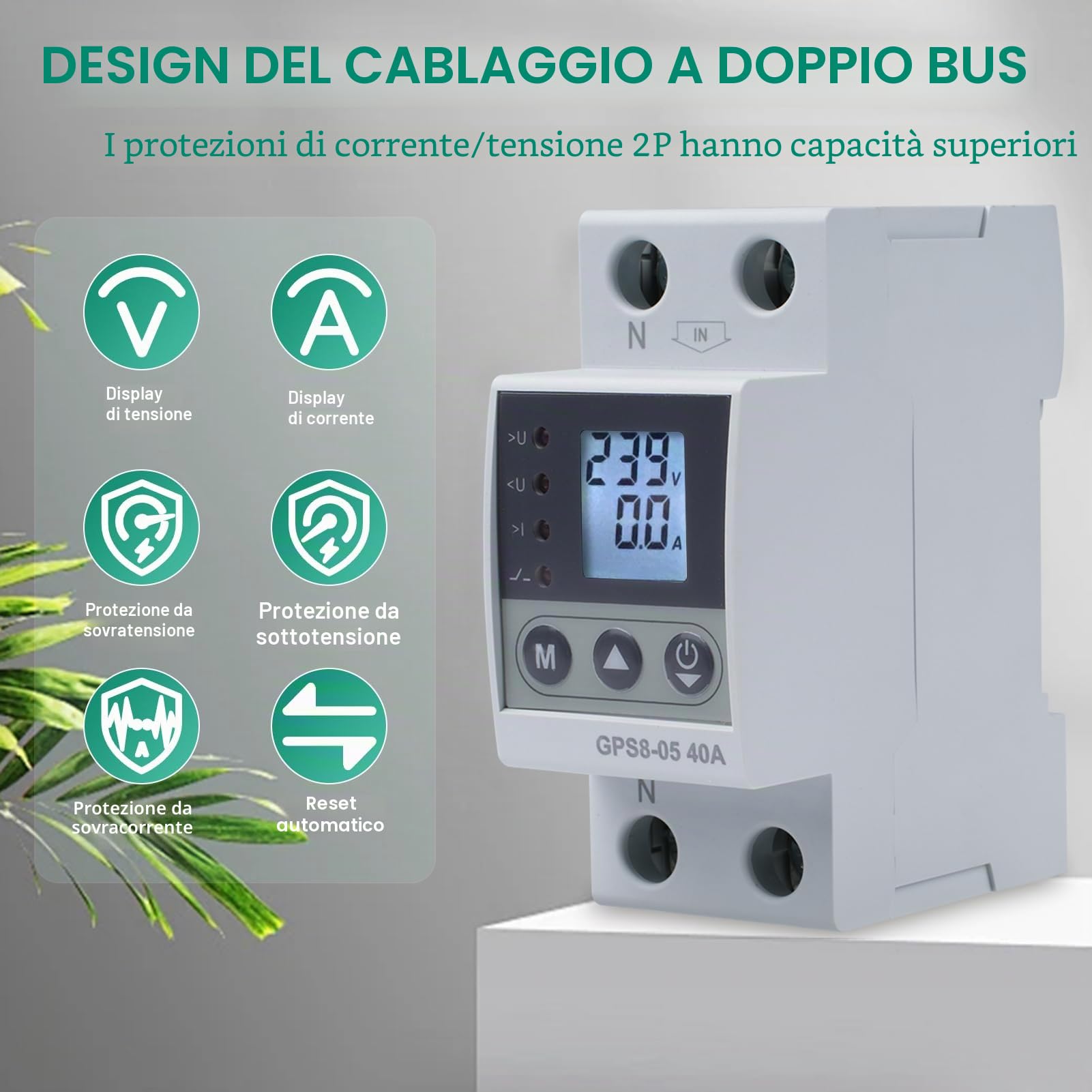 40A stabilizzatore di tensione 220V scaricatore di sovratensione magnetotermico contatore energia elettrica 2P con Funzione di autoreset Sovratensione/sottotensione e sovracorrente (GPS8-05-U)