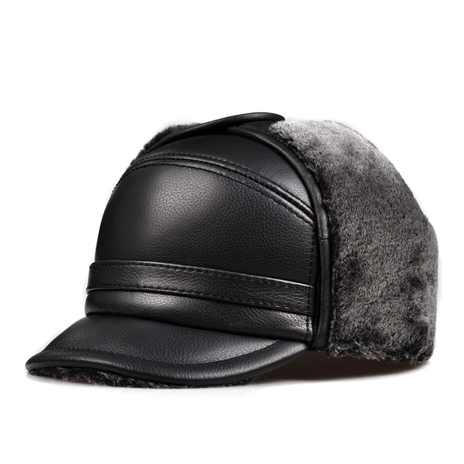 Male Winter Warm Ear Protection Bomber Hat Man Genuine Leather Faux Fur Inside Black/Brown Ultra Large Size 54-62cm Caps