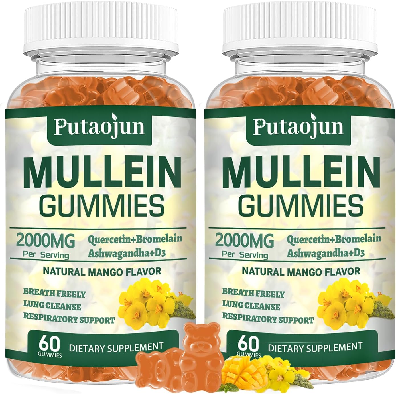 2 Packs Organic Mullein Gummies for Lungs, 2000MG Mullein Leaf Extract Supplement | Quercetin, Bromelain for Respiratory & Immune Support | Vegan, Sugr-Free, Mango Flavor | 120 Count