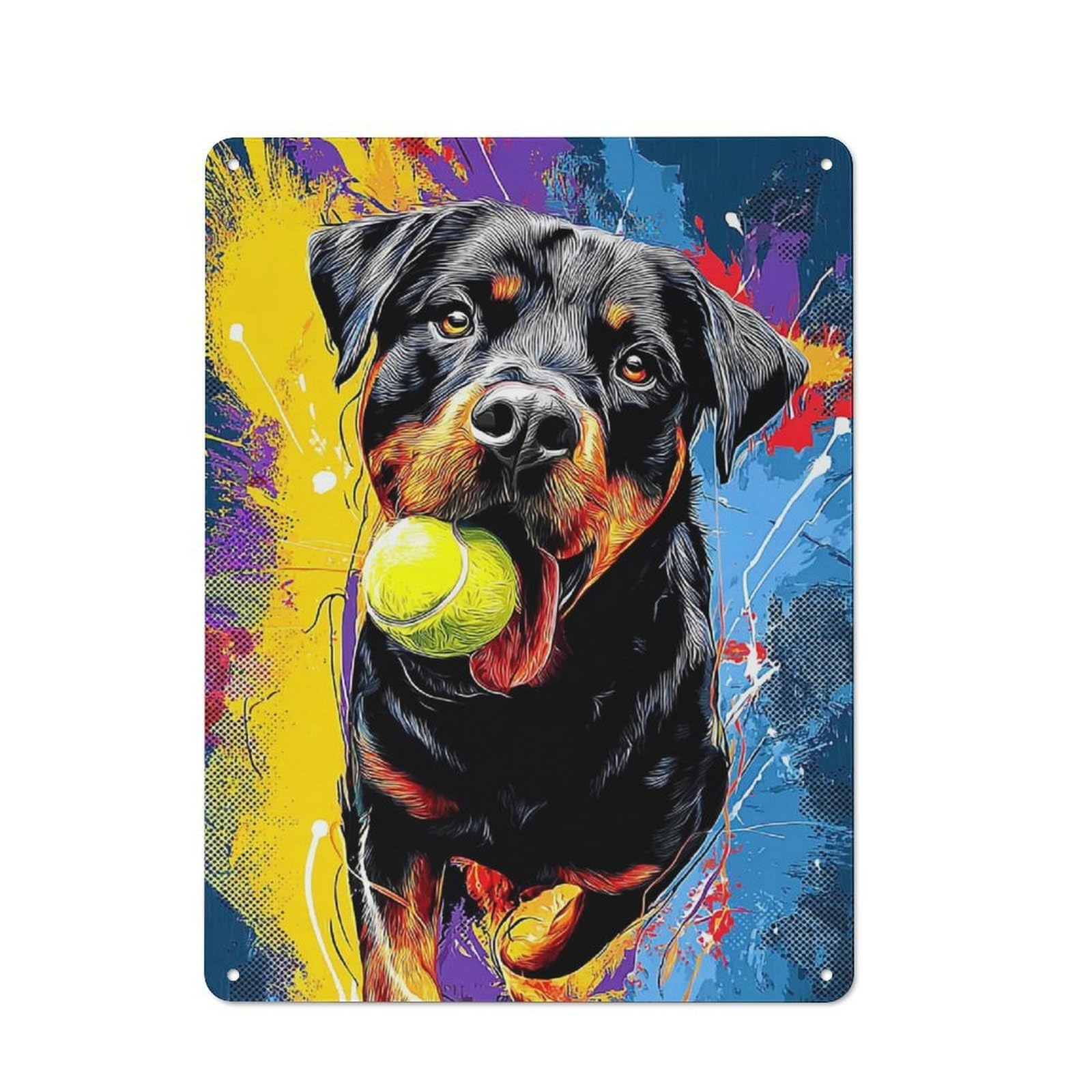 Junmoney Rottweiler With Tennis Ball Industrial Decorative Metal Plaque 40X30cm Featuring Urban Room Decor For Flat, Bar, Studio Or Gallery Wall