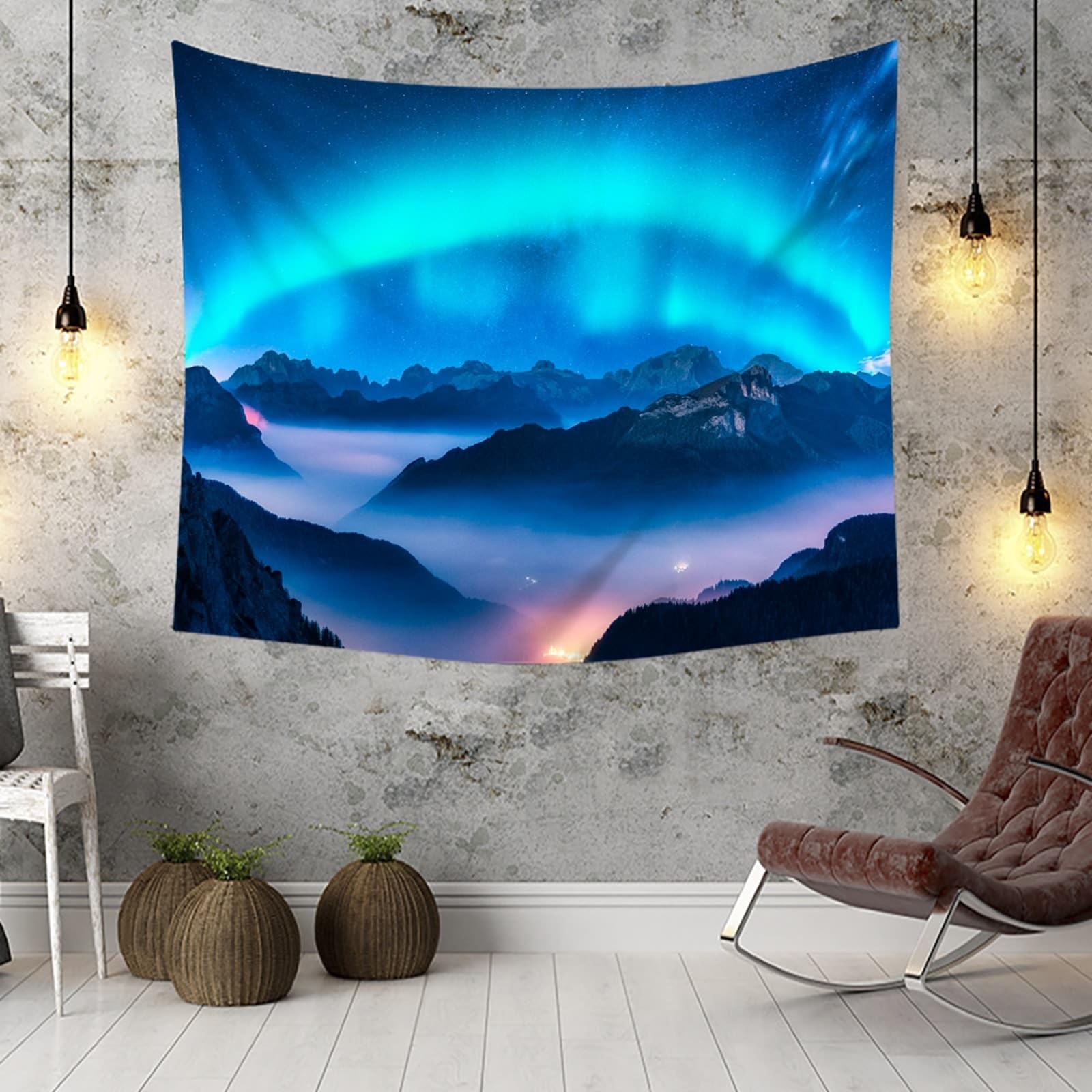 KnSam 200x200cm Tapisserie Wandbehang, Natur Landschaft Wandteppich Berg Aurora Tapisserie Polyester Tapestry für Wohnzimmer Wohnheim Wanddeko, Blau Cyan