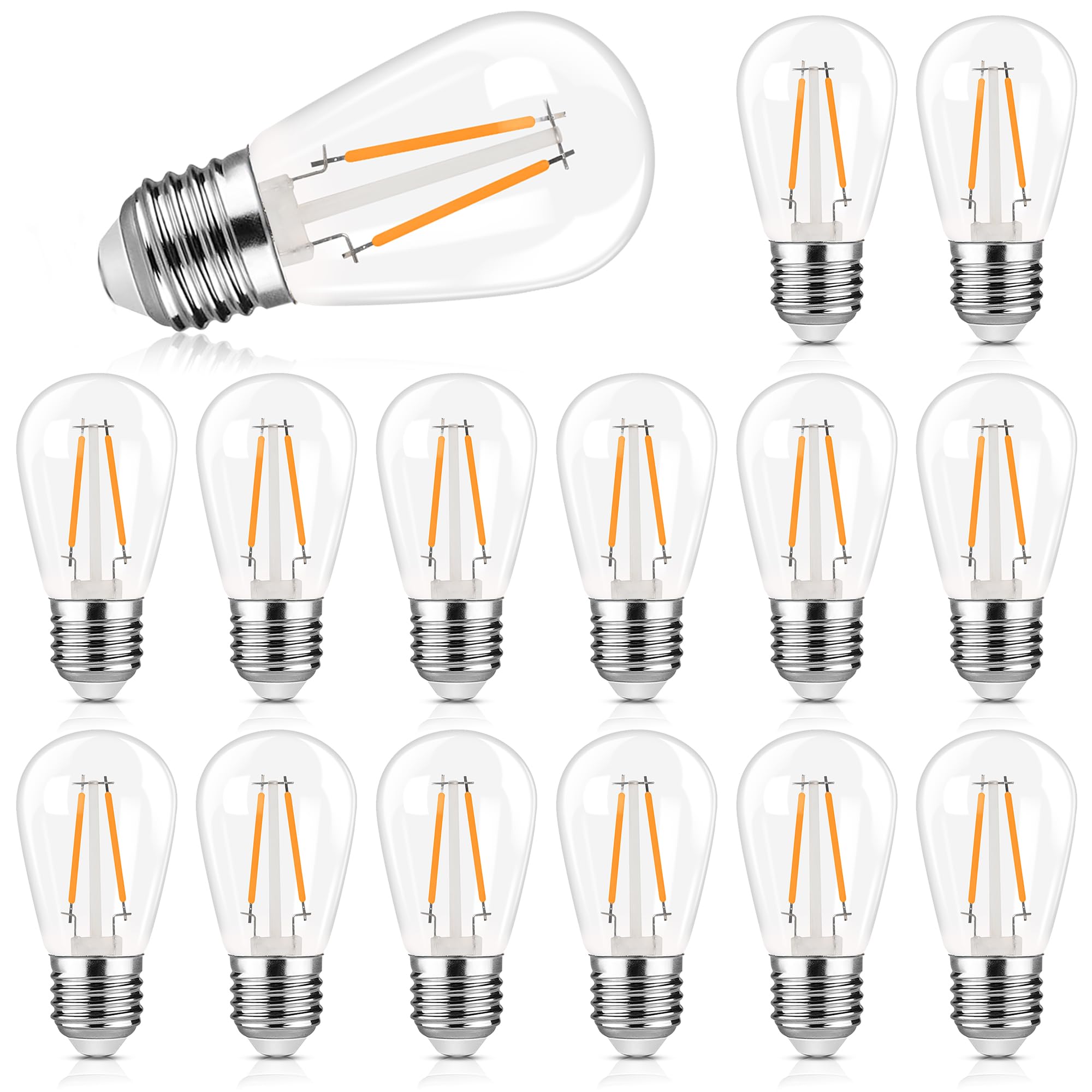 Genixgreen E27 Outdoor String Light Bulbs Replacement S14 2W Plastic LED Edison Screw ES Bulb for Backyard/Patio/Garden,Plastic,20W Equal,2700k Warm White,Non-dimmable,Pack of 15