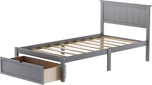 Miniatura 7 de P PURLOVE Base de cama individual, cama de plataforma de madera maciza con cabecero, marco de cama de almacenamiento con cajón, soporte de listones