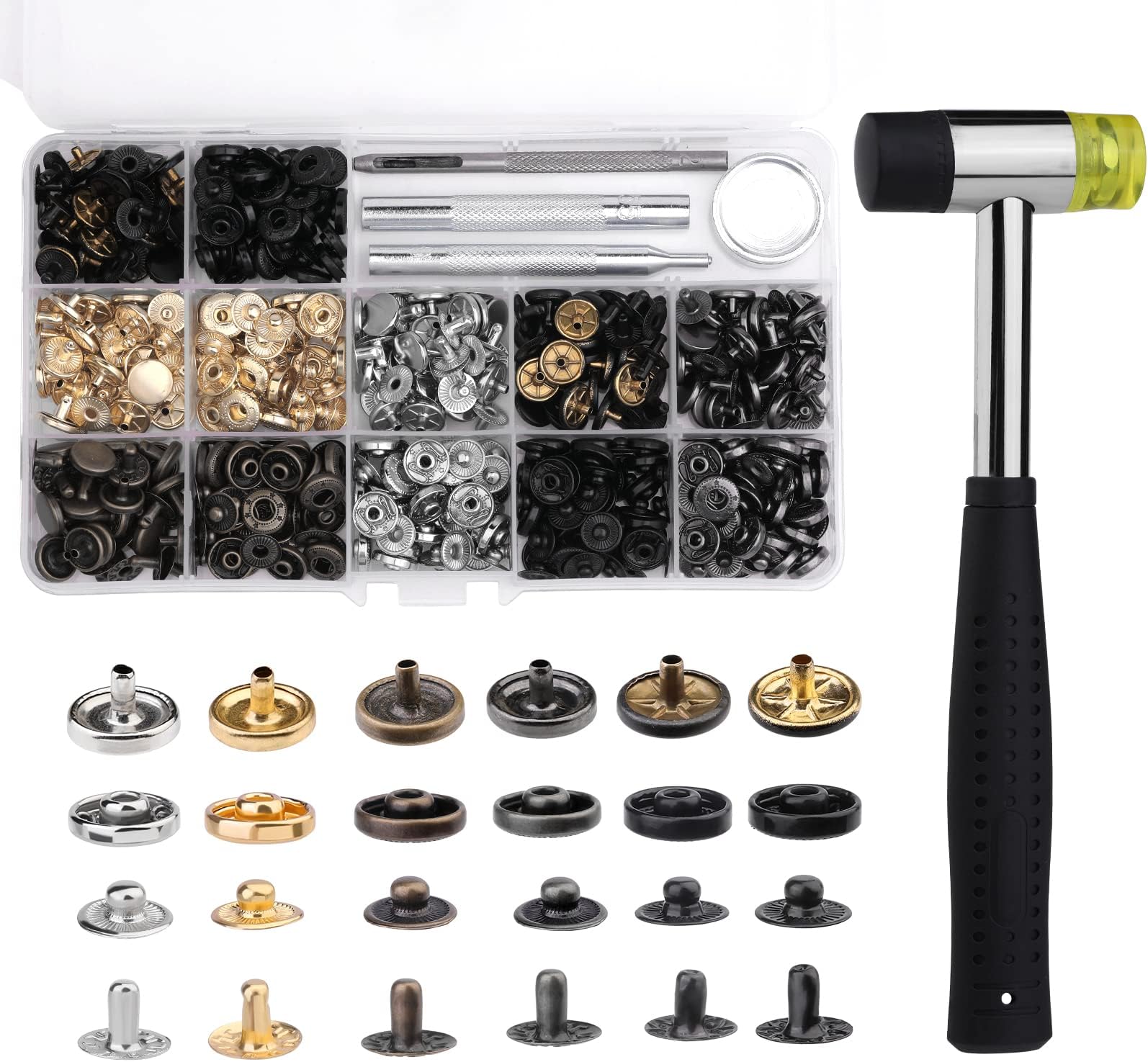 Benlay120 Sets Snap Fasteners Leather Press Studs with Rubber Mallet 10mm Metal Snap Buttons with Complete Adjustment Tools, 6 Colors Leather Press Studs for Sewing Projects Leather Crafts