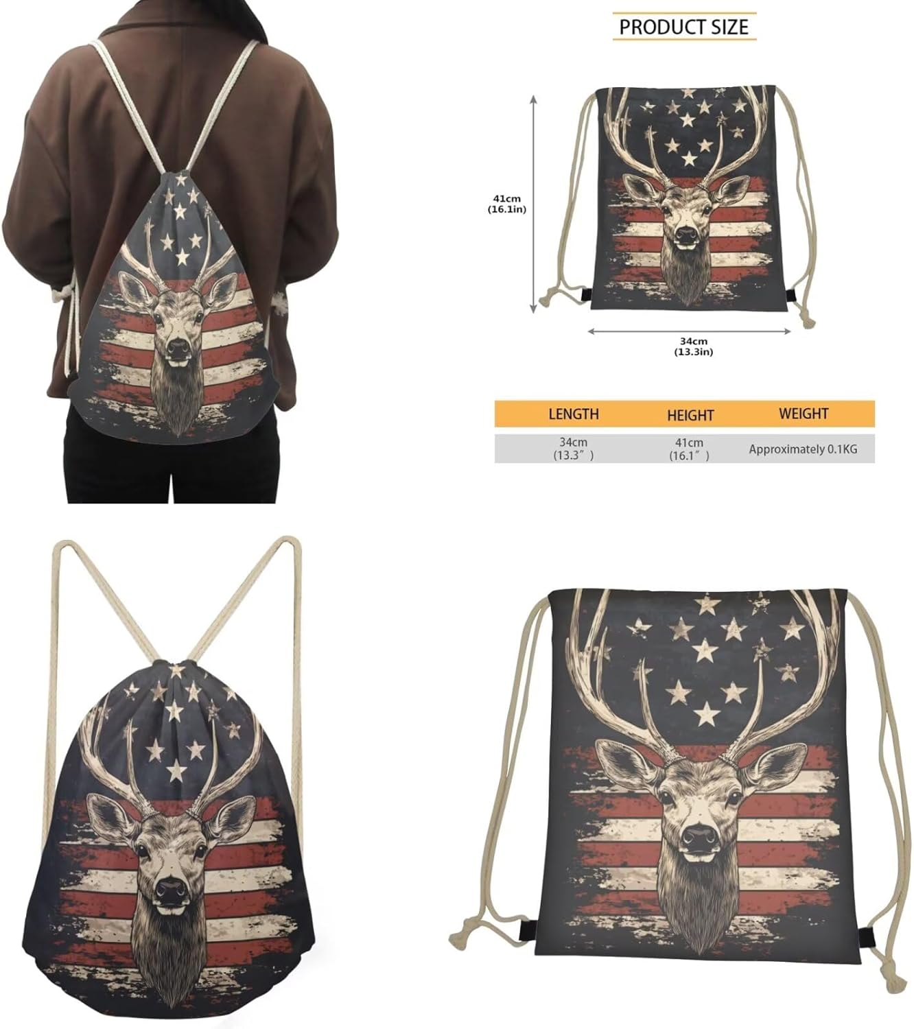 GIFTPUZZ Deer Backpack for Kids 3-5 with Lunch Box American Flag Boys Backpack Set Large Capacity School Bag Set for Boys 5 in 1 for Preschool Kindergarten Toddler Casual Travel