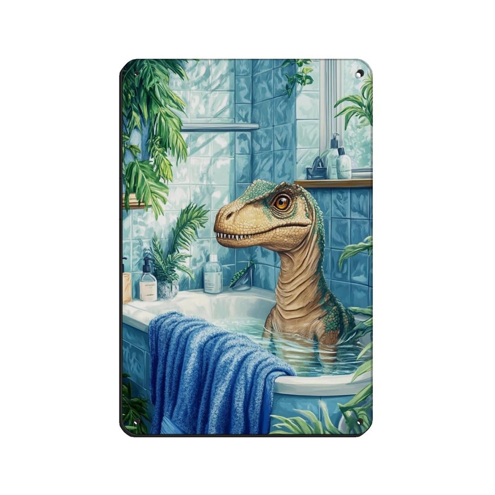 Velociraptor Dinosaur in Tub Bathroom Tin Sign Vintage Metal Pub Club Cafe Bar Home Wall Art Decoration Poster Retro 8x12inch(20x30cm)