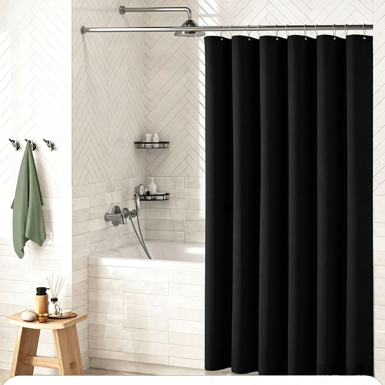 RCYONGQ Shower Curtain Polyester, Water Repellant Fabric, Waffle Bathroom Curtains Includes 12 Pcs Curtain Hooks, Quick-Drying, 230g/㎡ for Bathroom Wet Room Tub(Black,180x180cm)