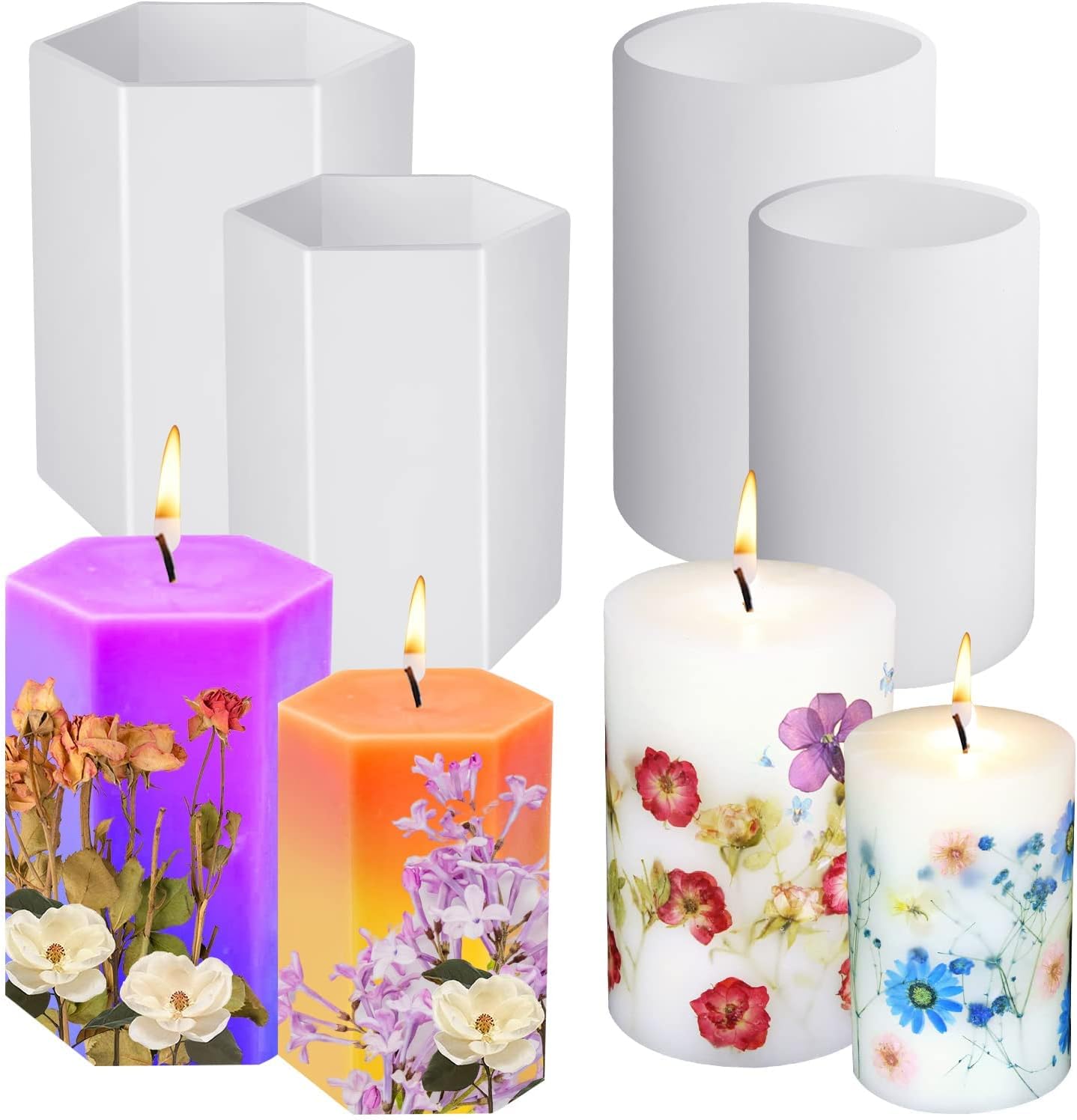 EEEKit Candle Moulds, 4 PCS 2 Sizes Silicone Cylinder Hexagon Pillar