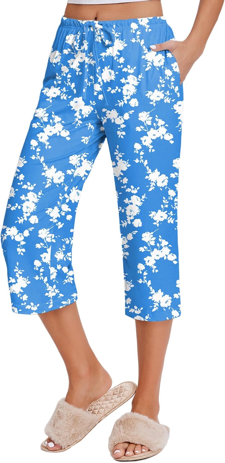 Ekouaer 2 Pack Women's Capri Pajama Pants Printed Drawstring Comfy Pj Bottoms With Pockets - Image 3